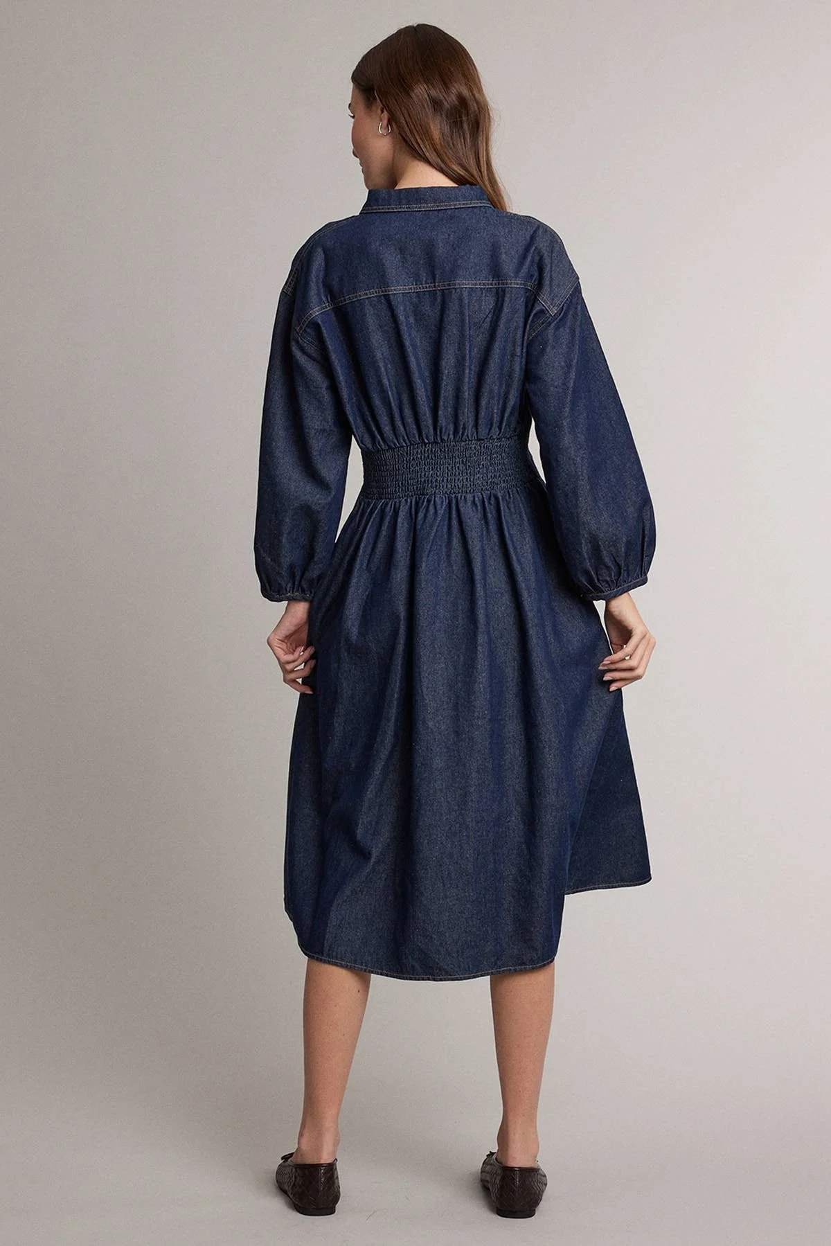 Pinch Waist Shirt Dress Dark Denim