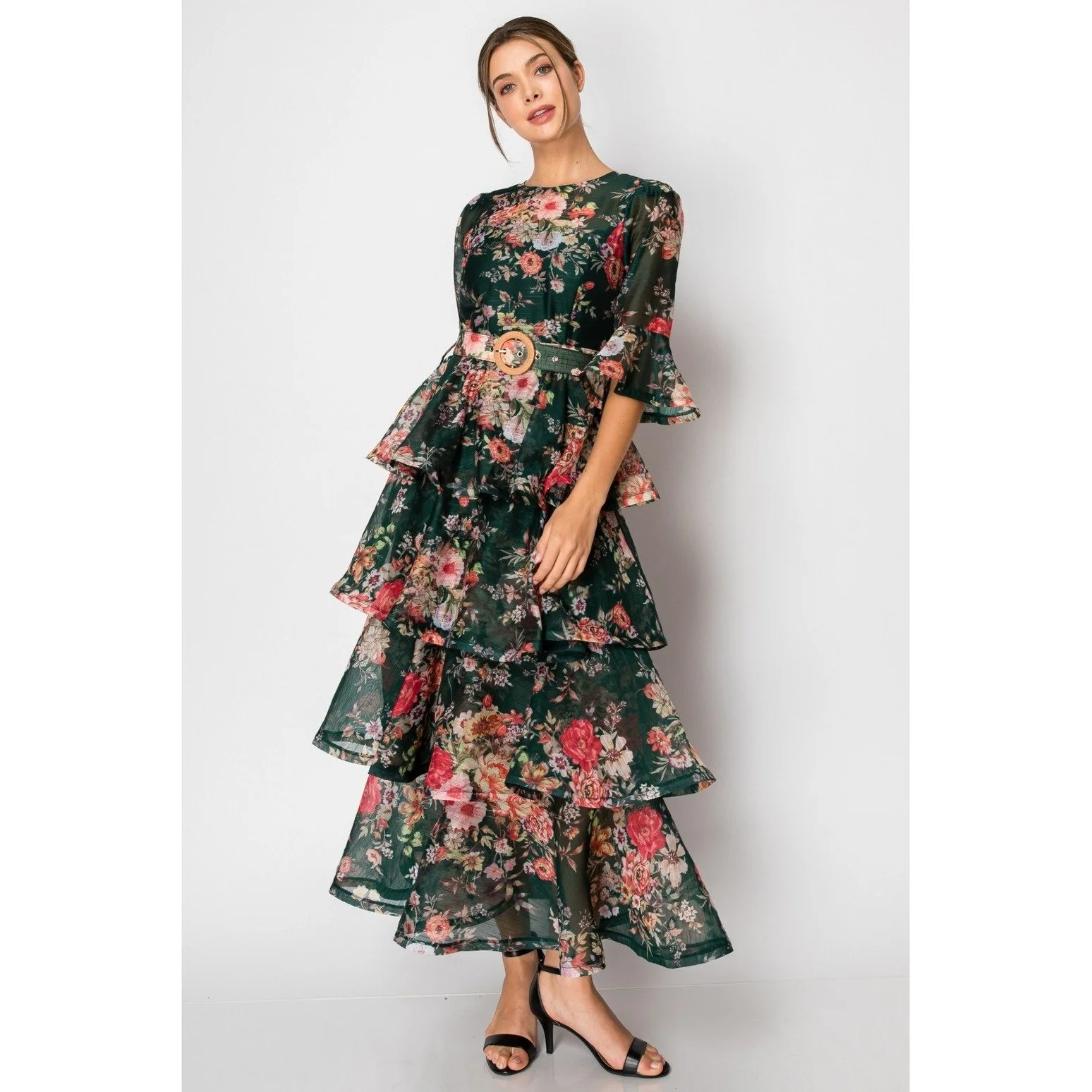 Tiered Organza Midi Dress Green Floral