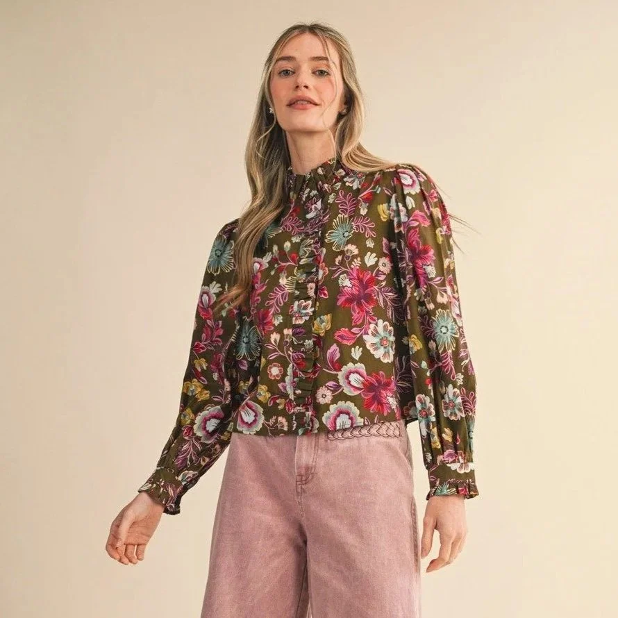 Ruffle Collar Button Blouse Olive Floral