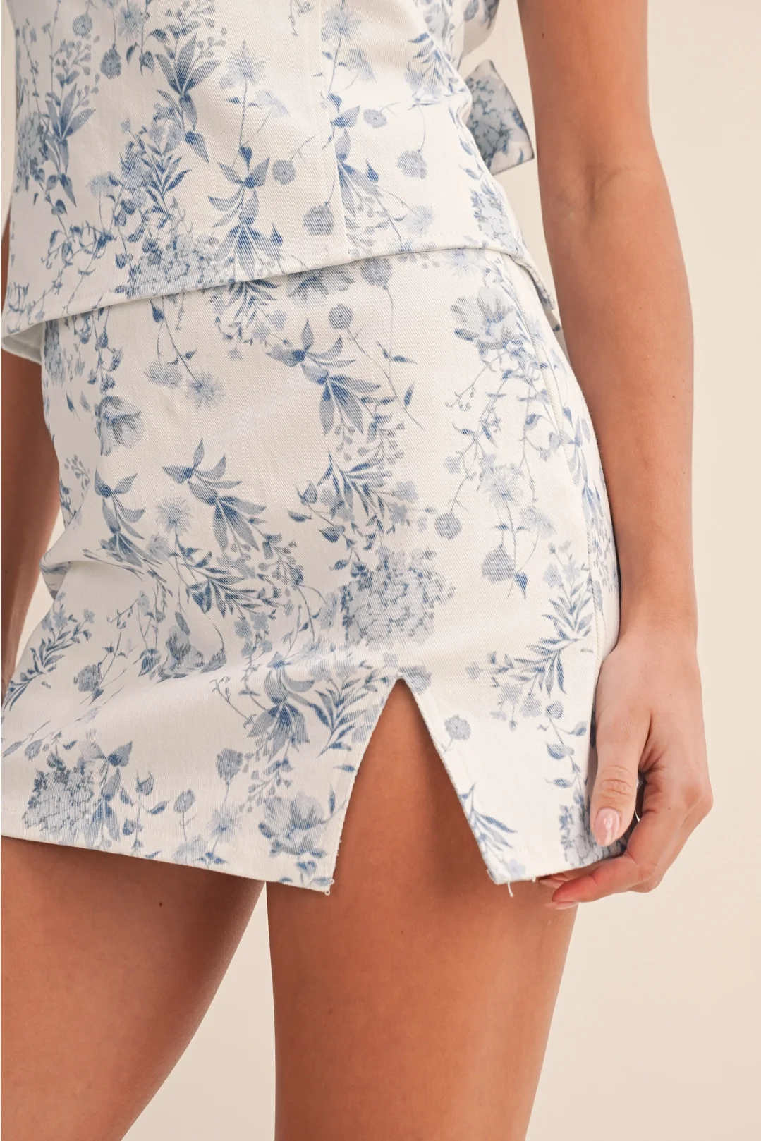 Bow Back Top & Mini Skirt SET Blue Floral Twill