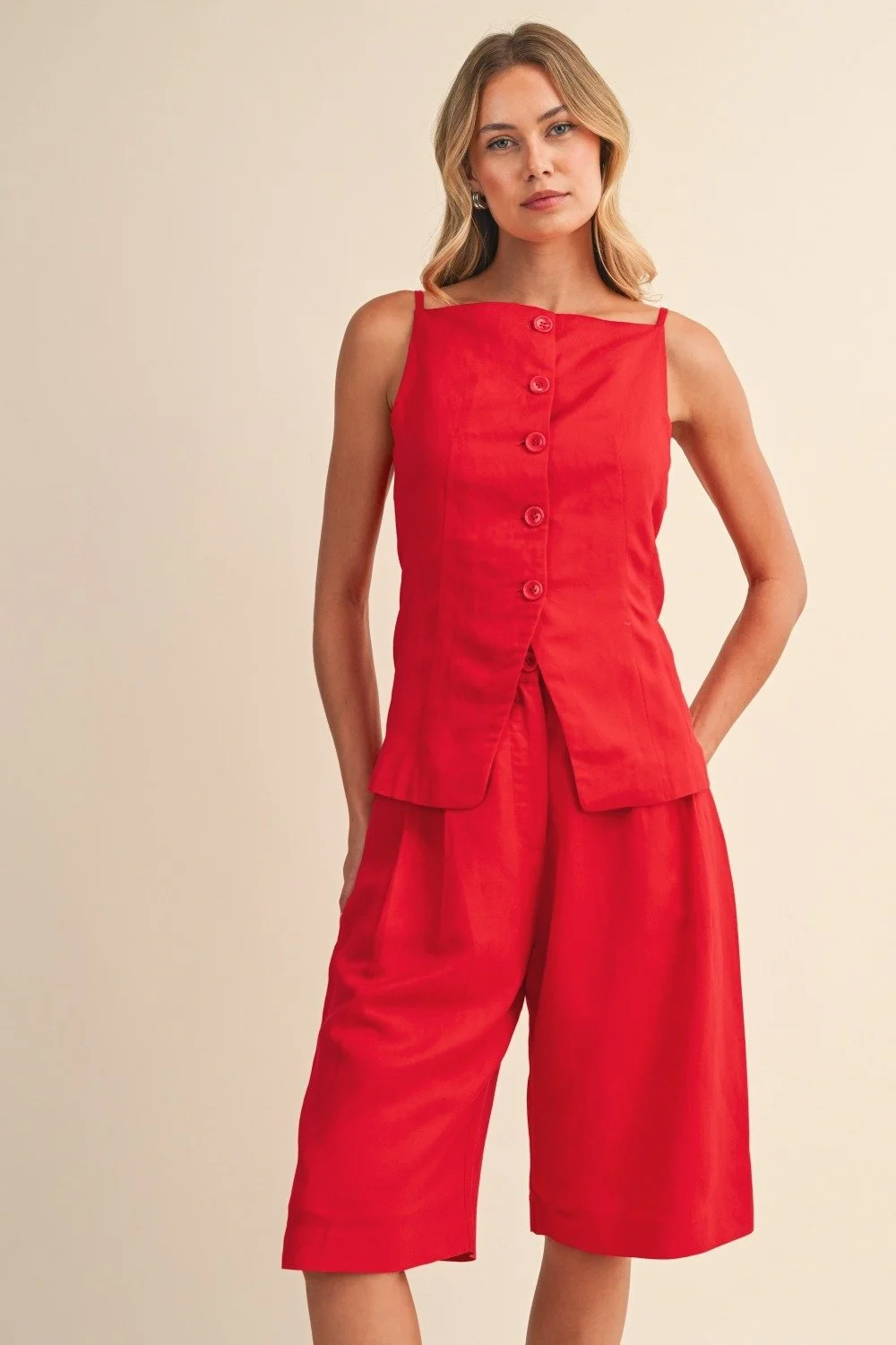 Linen Button Vest & Culotte Shorts Set Red