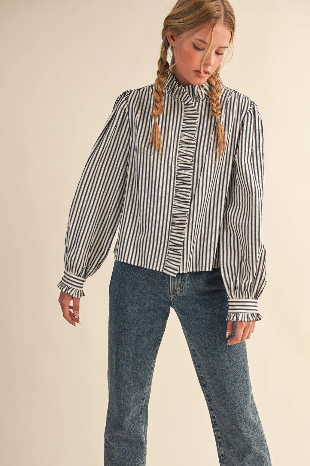 Ruffle Collar Button Front Blouse Black Ticking Stripe