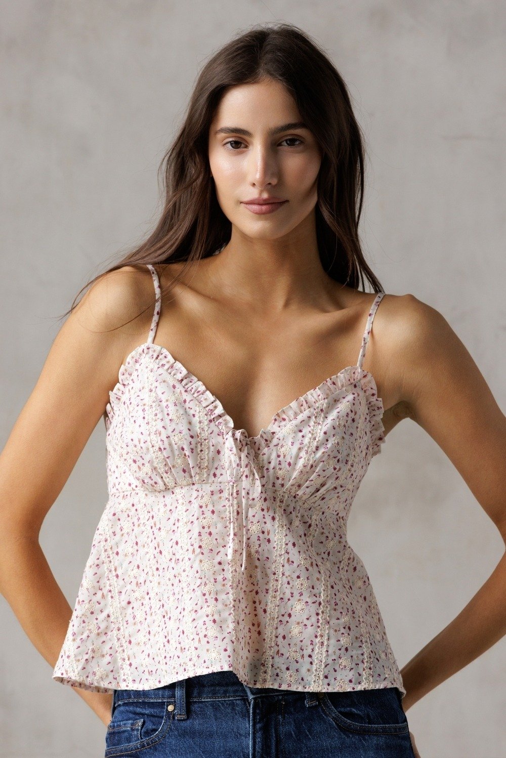 Ruffle Trim Babydoll Tank Berry Floral