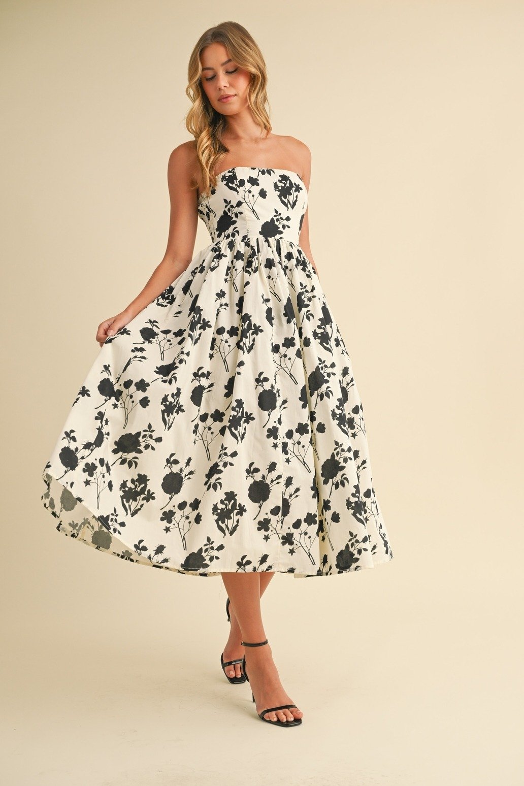 Strapless Tea Dress Ivory & Black Floral