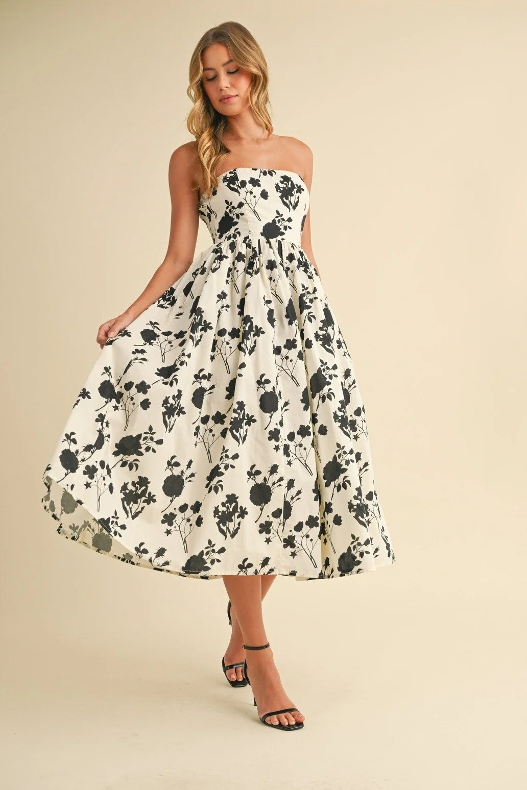 Strapless Tea Dress Ivory & Black Floral  Byron & Barclay