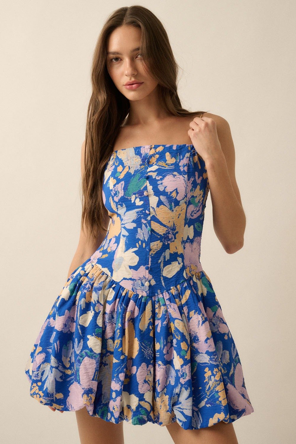 Textured Floral Drop Waist Bubble Mini Dress Retro Blue