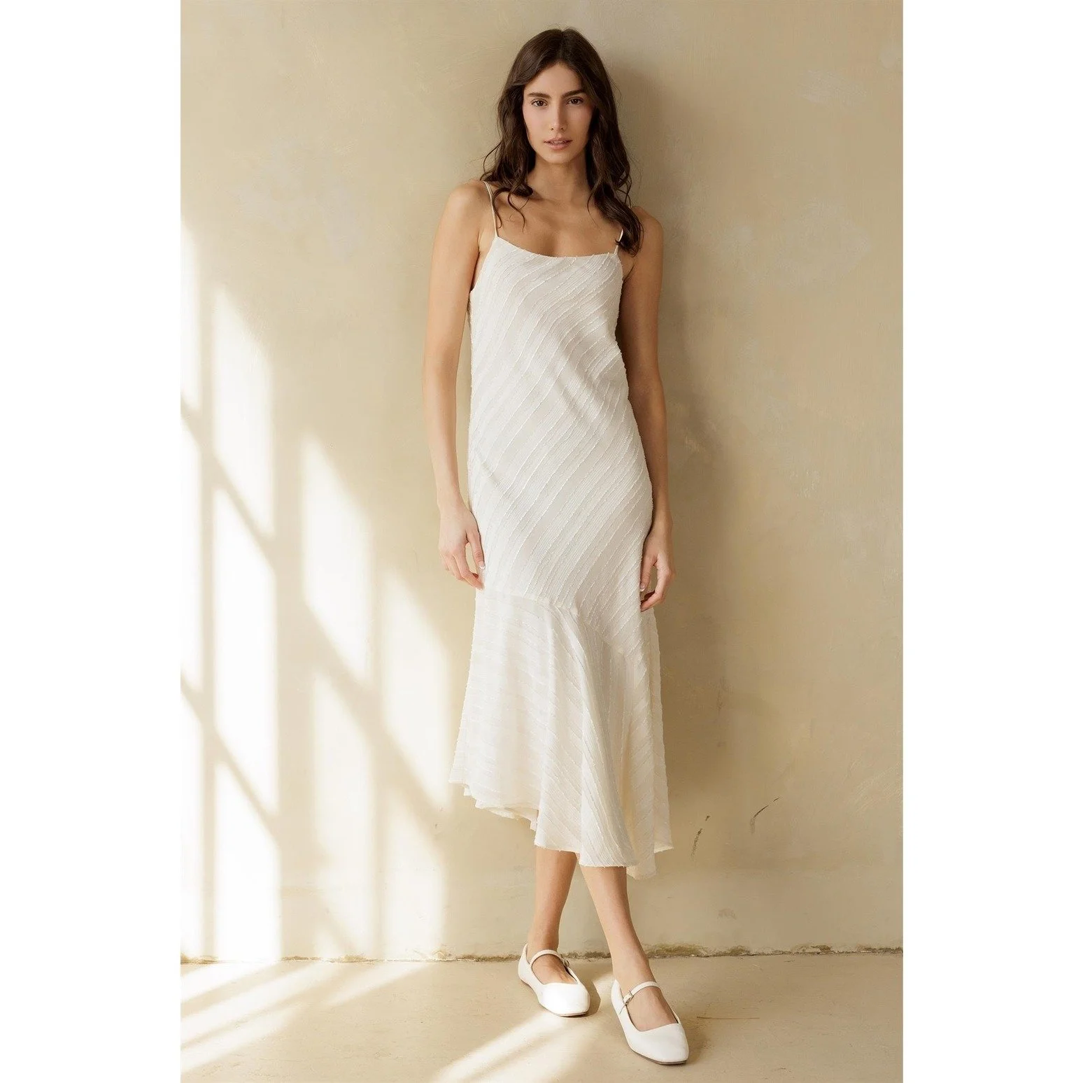 Asymmetric Ruffled Midi Slip Dress Cream