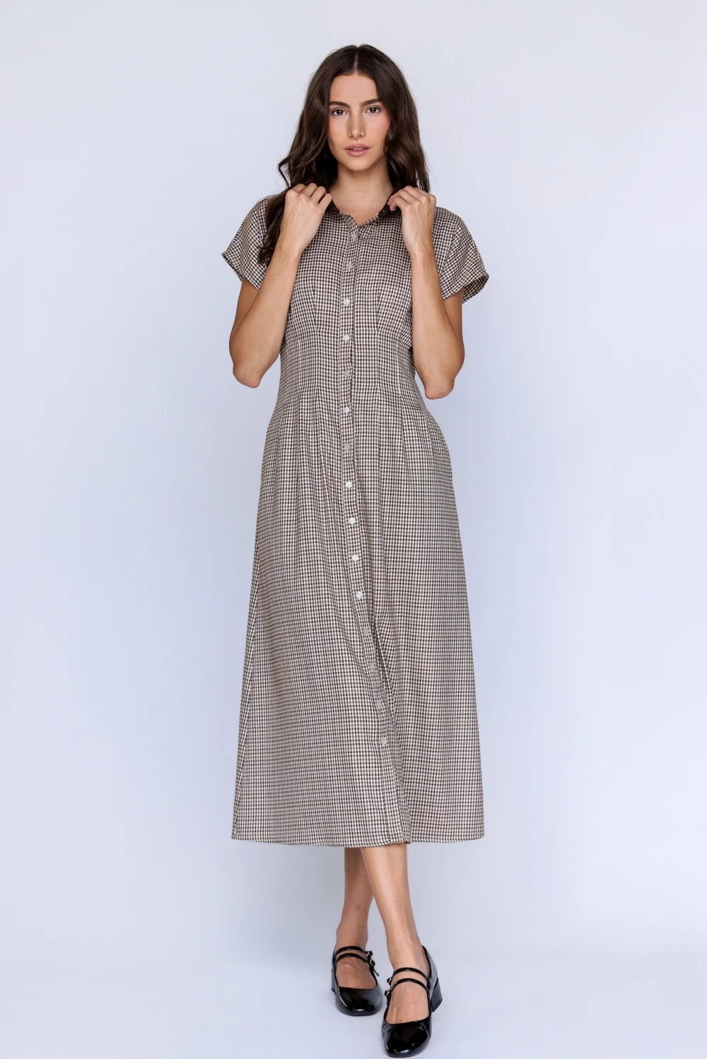 Pinch Pleat Collared Button Down Midi Dress Houndstooth