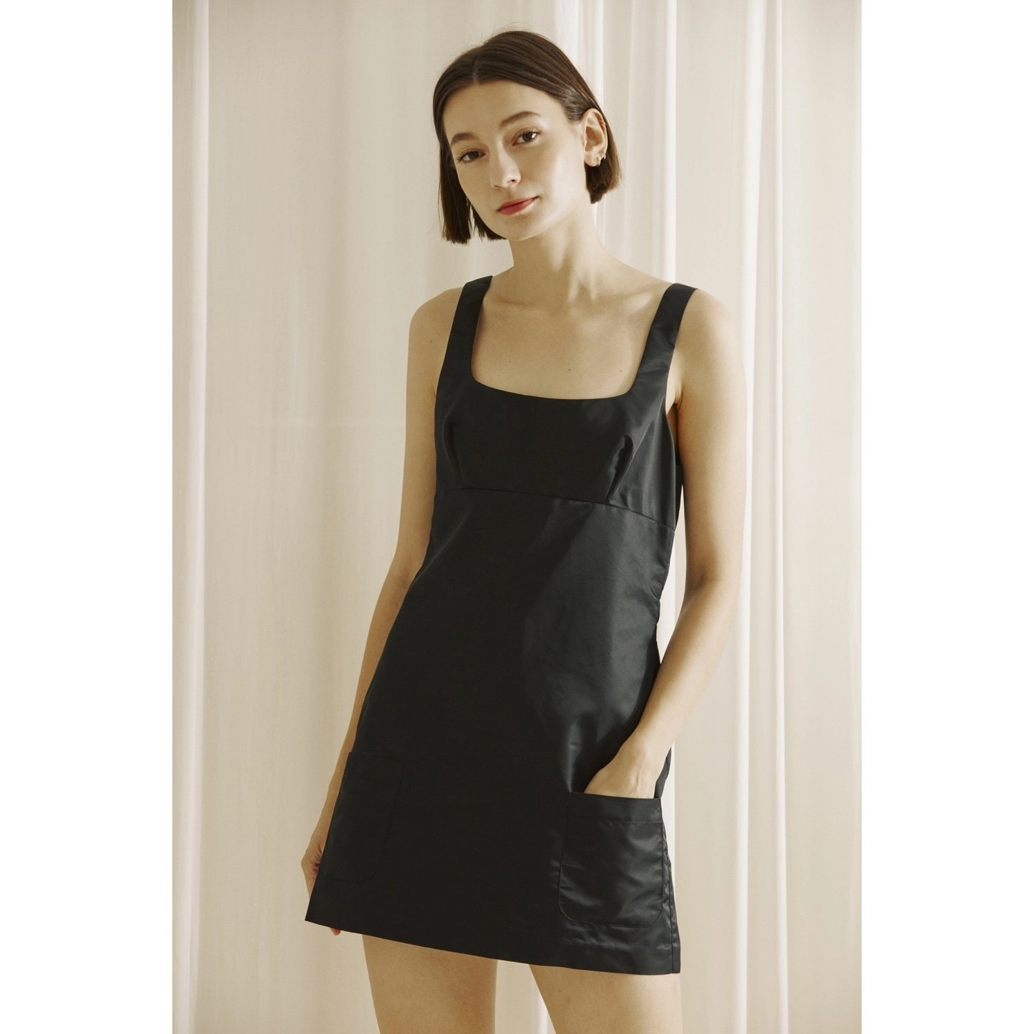 Pocket Mini Shift Dress Black Taffeta