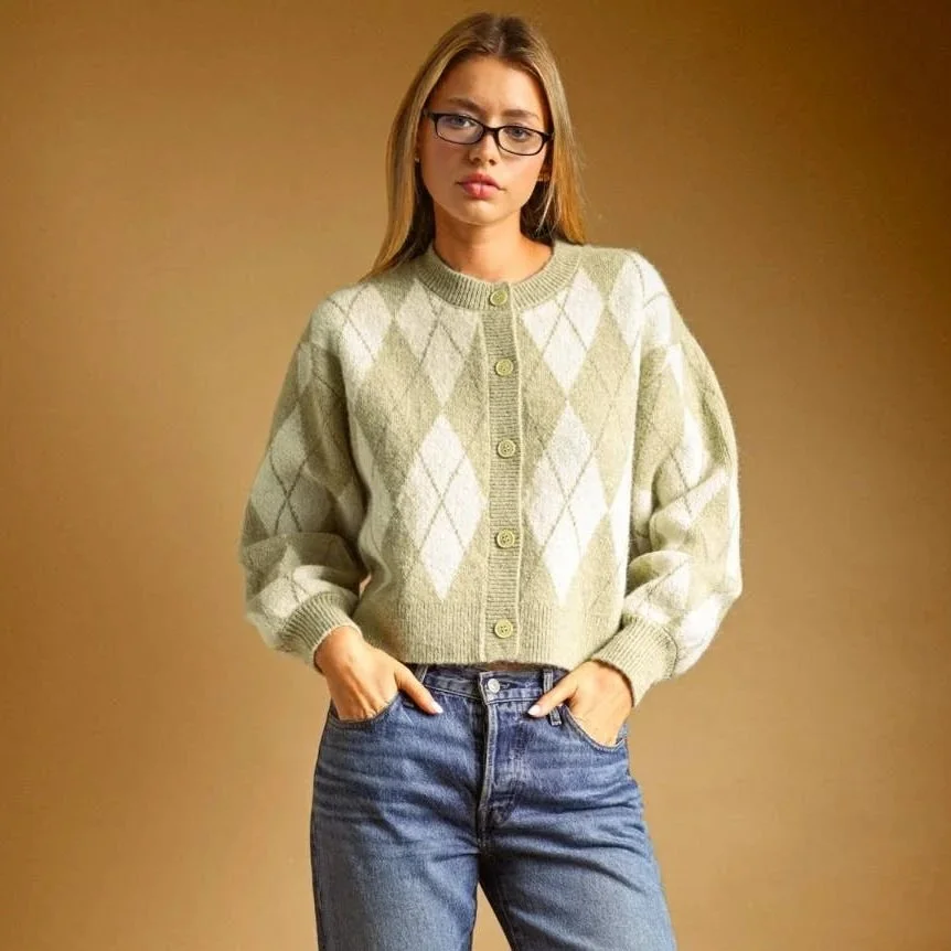 Argyle Button Front Cardigan Matcha