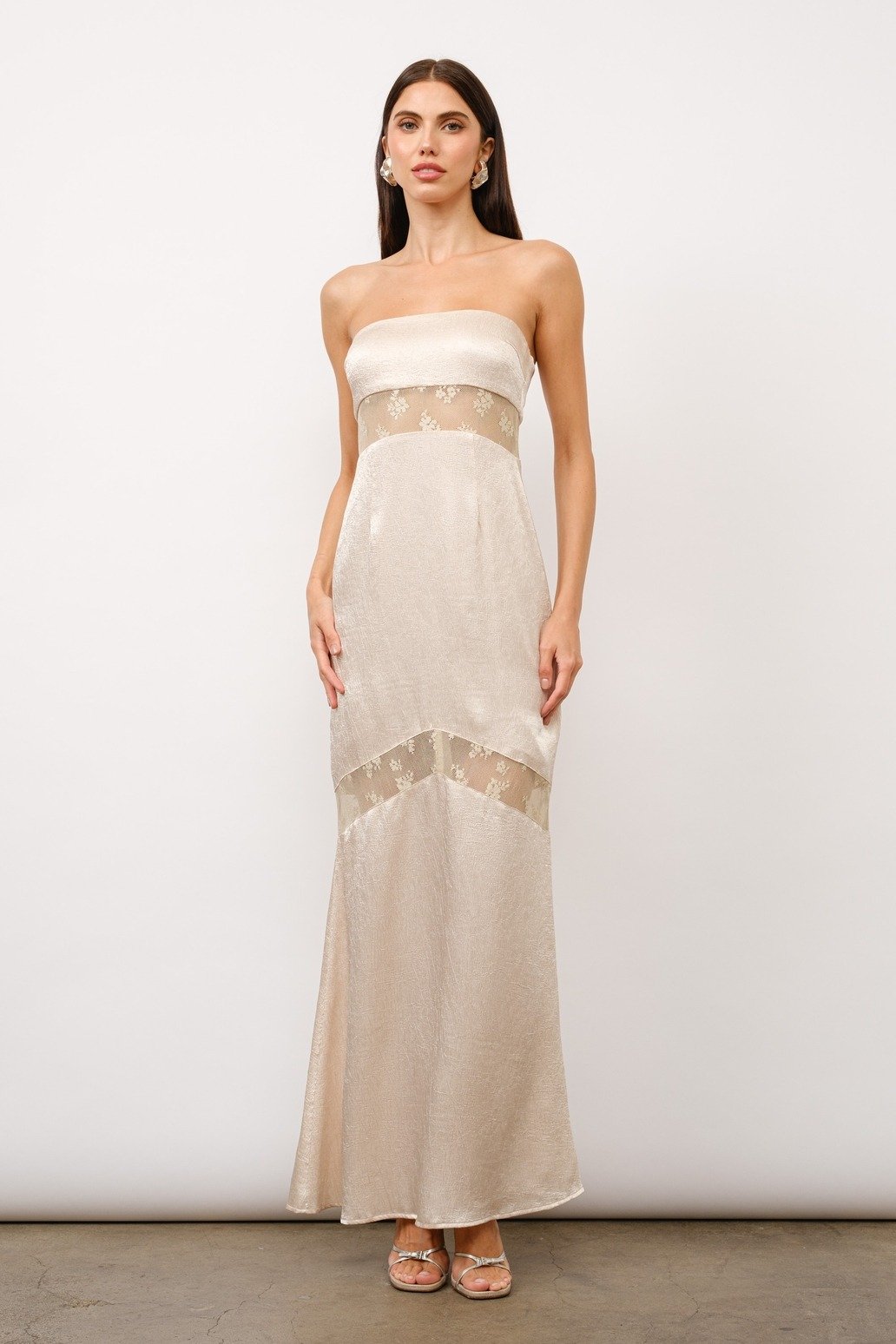 Gianna Strapless Lace Panel Maxi Dress Oyster
