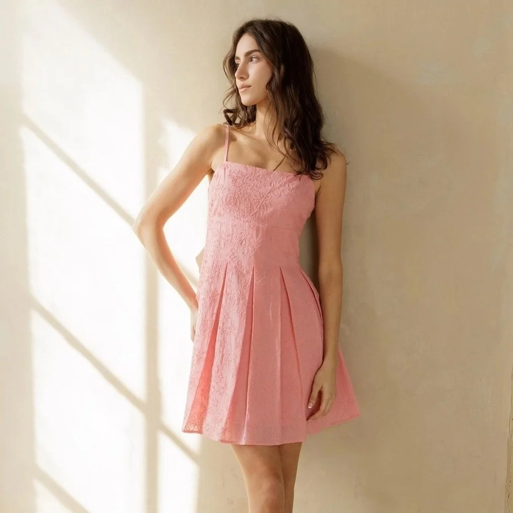 Embroidered Floral Pleated Mini Dress Pink