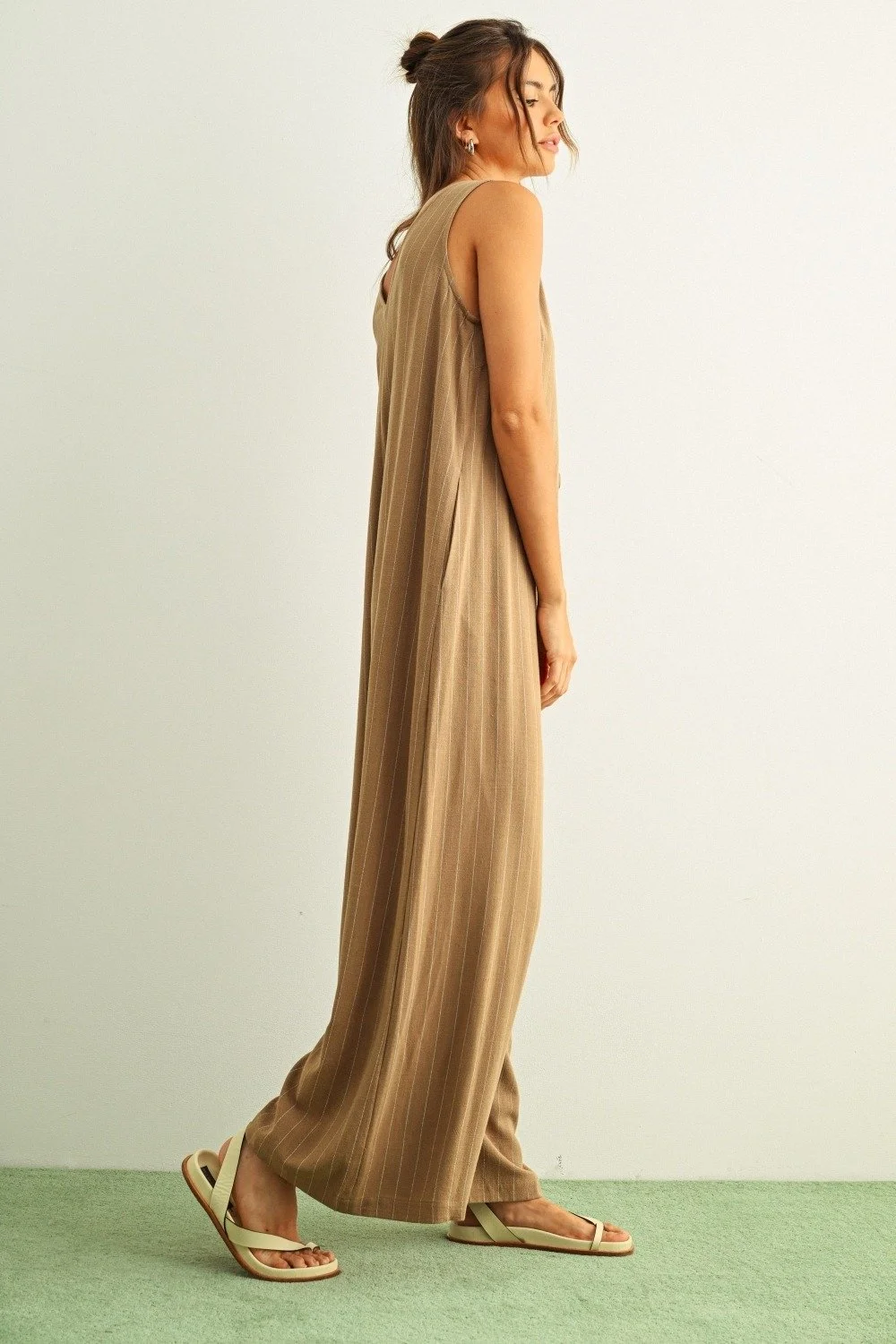 Relaxed Button Front Jumpsuit Mocha Pinstripe