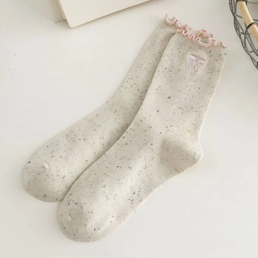 Pink Ruffle & Bows Socks Oatmeal Fleck