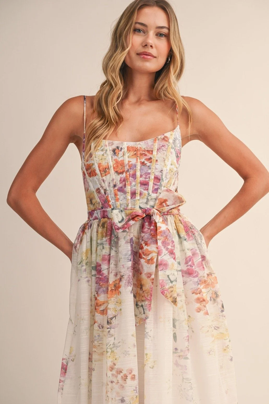 Organza Corset Midi Dress Watercolor Floral