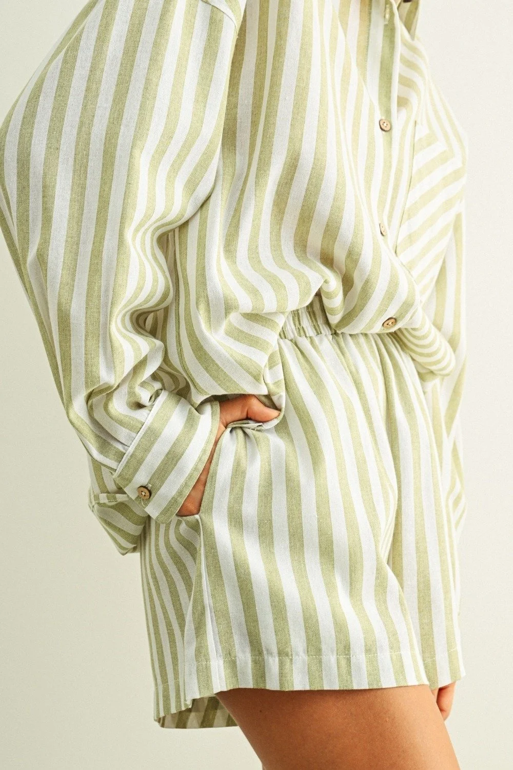 Linen Collared Button Down Sage & White Stripe