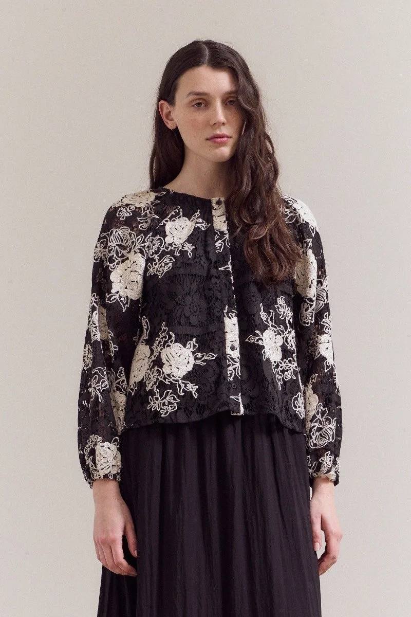Button Front Lace Embroidered Blouse Black Floral