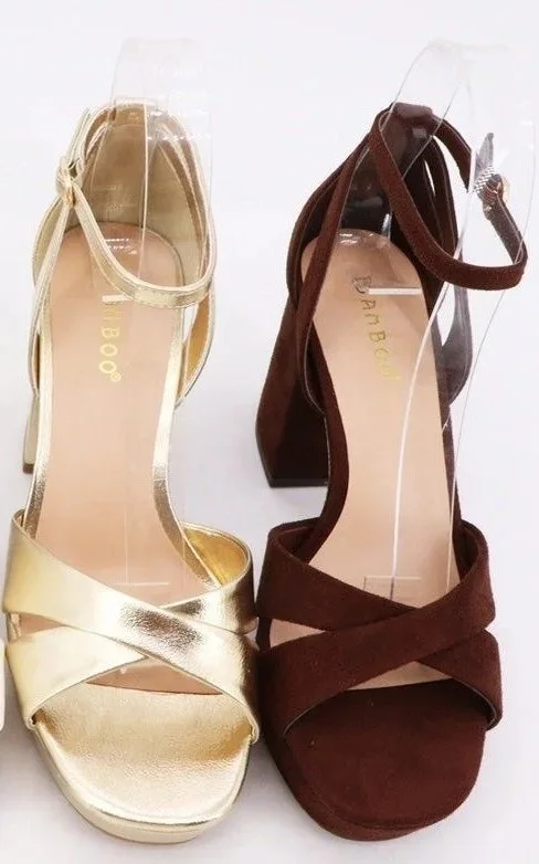 Cross-Toe Platform Block Heels Gold Metallic