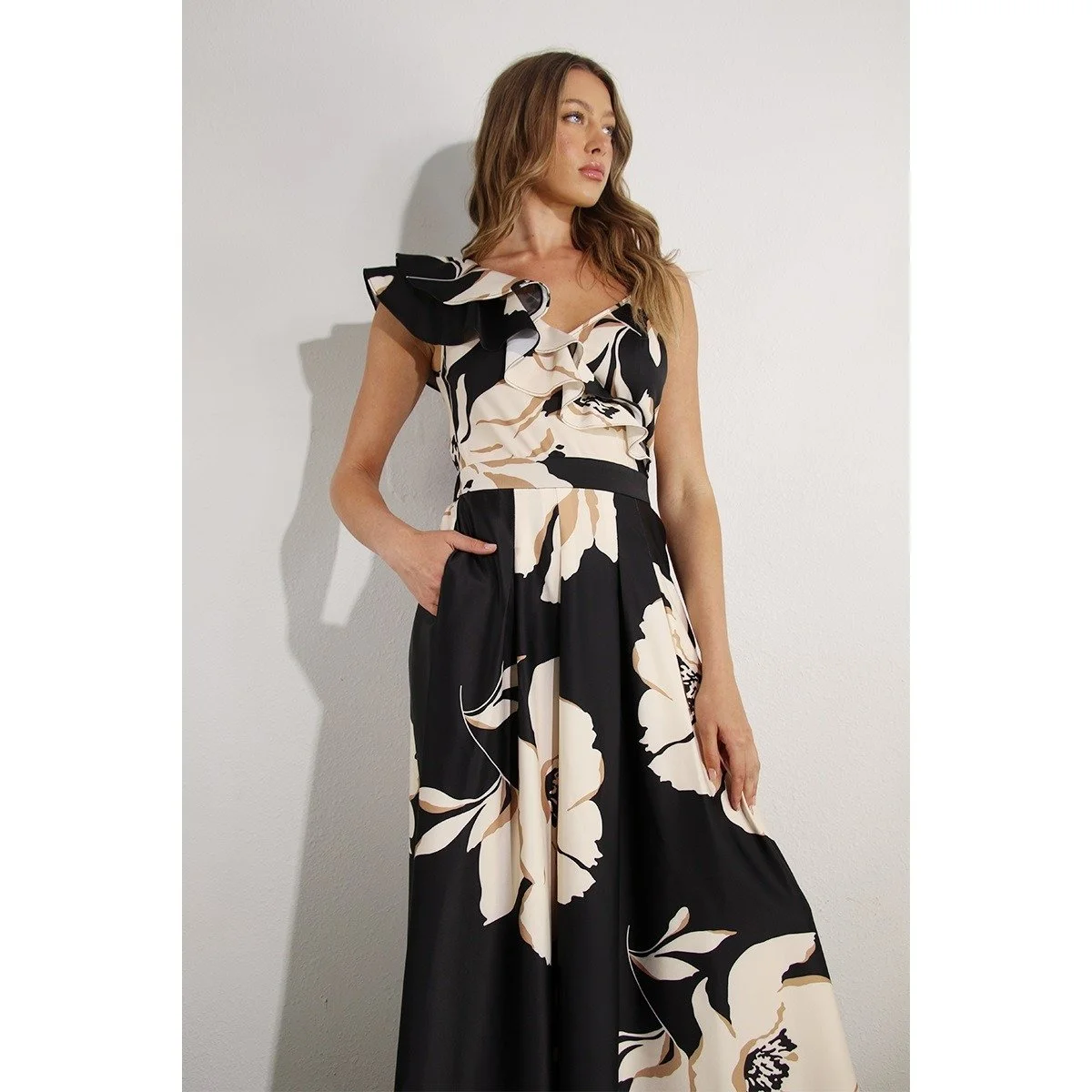 Ruffle Shoulder Floral Gown Black