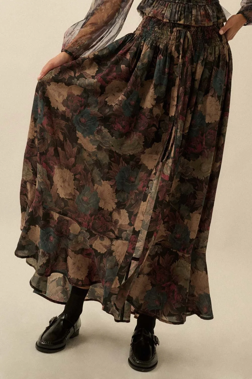 Drawstring Button Maxi Skirt Dark Floral