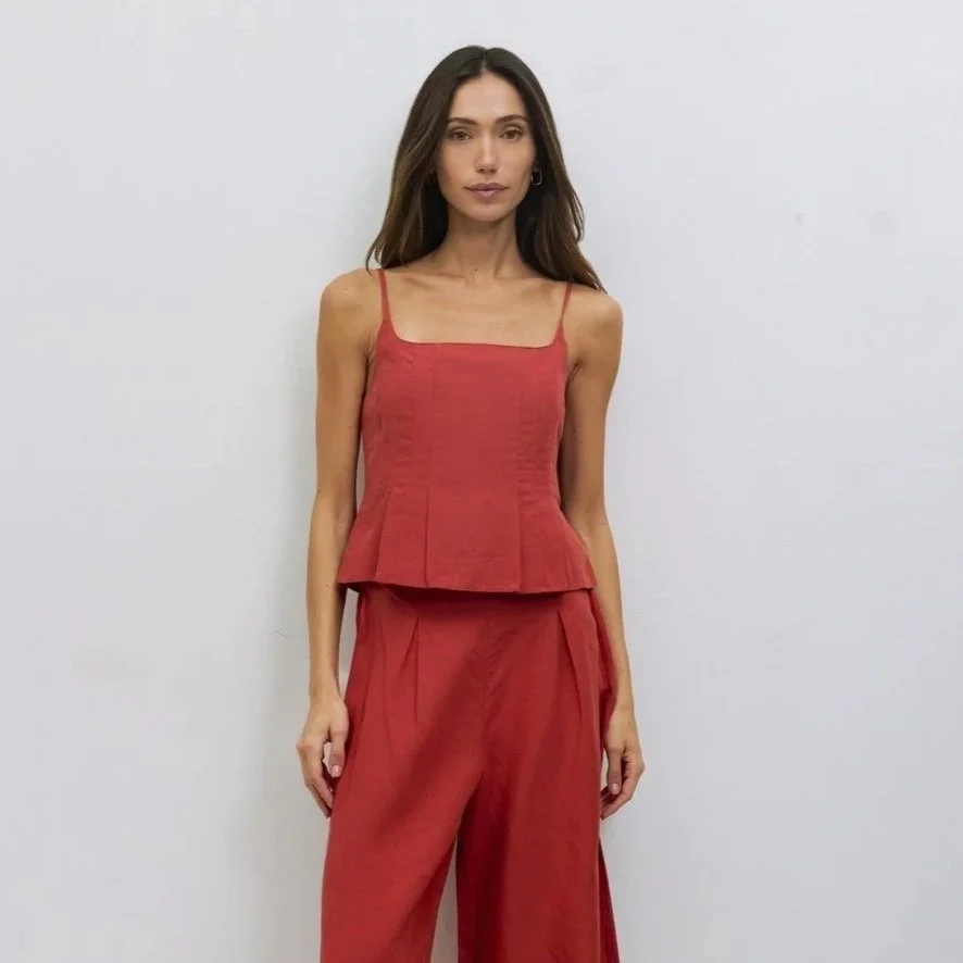 The Jocelyn Pleated Linen Tank Brick Red
