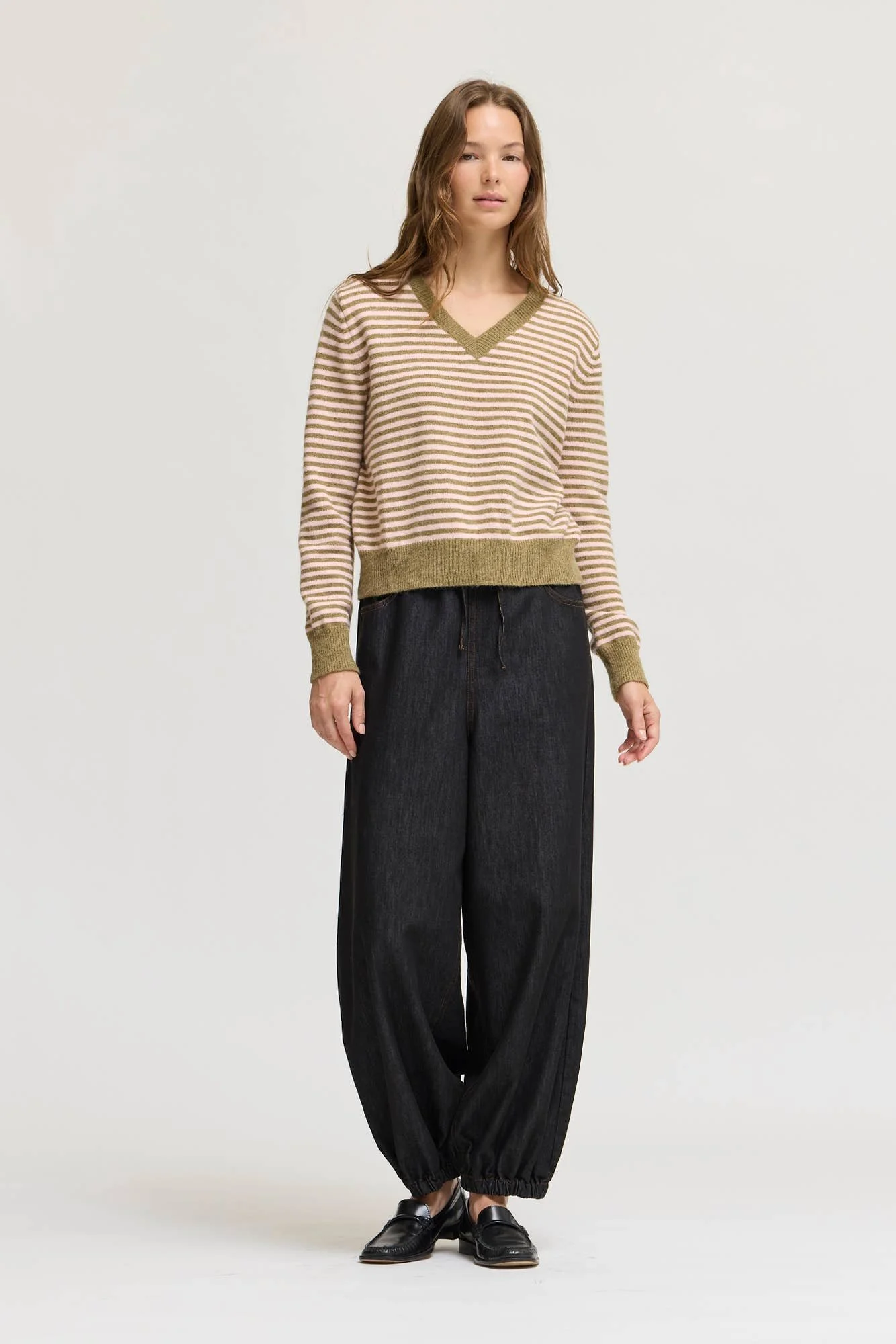 Striped V-neck Banded Sweater Dry Sage & Pink