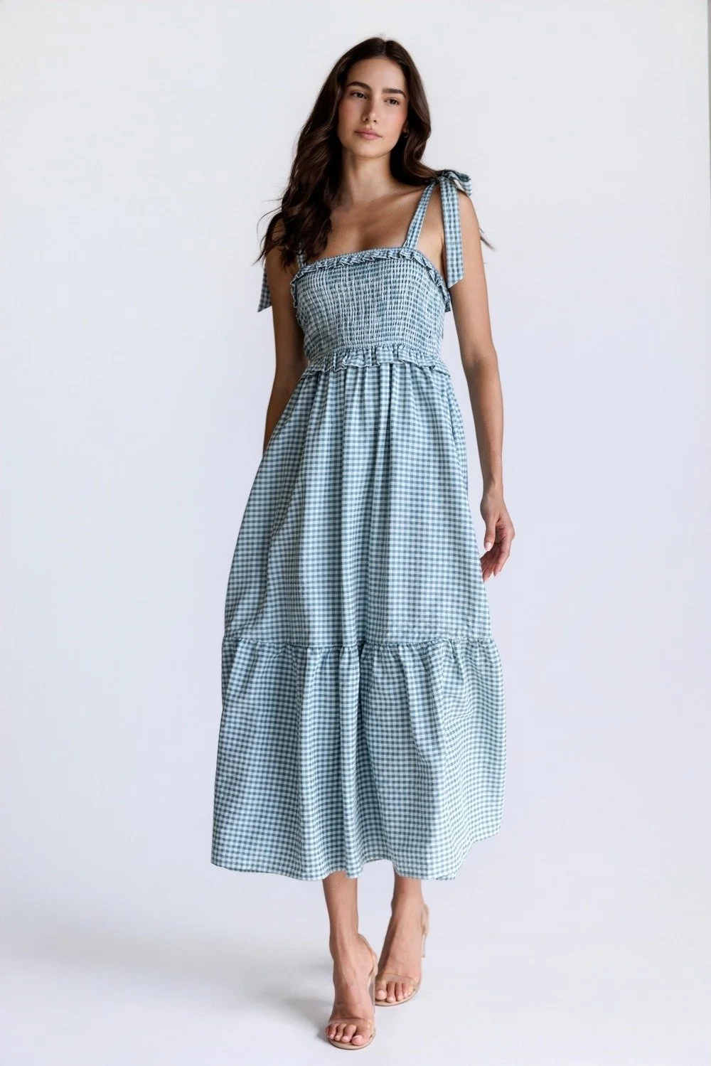 Bow Strap Smocked Midi Dress Teal Gingham