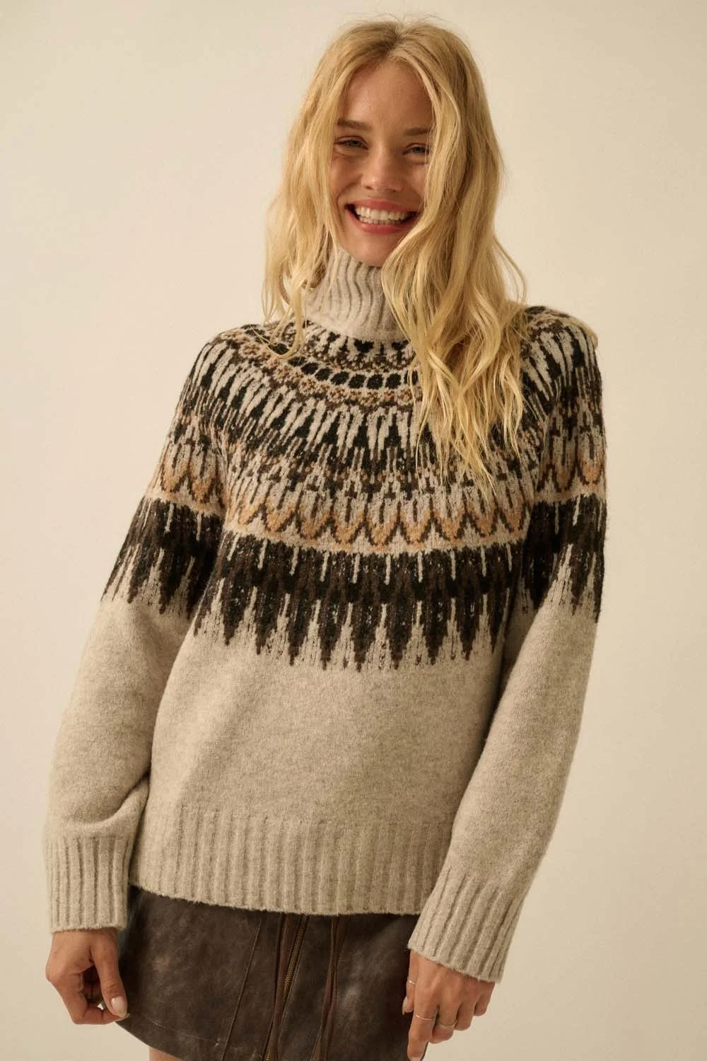 Mock Neck Fair Isle Knit Sweater Oatmeal