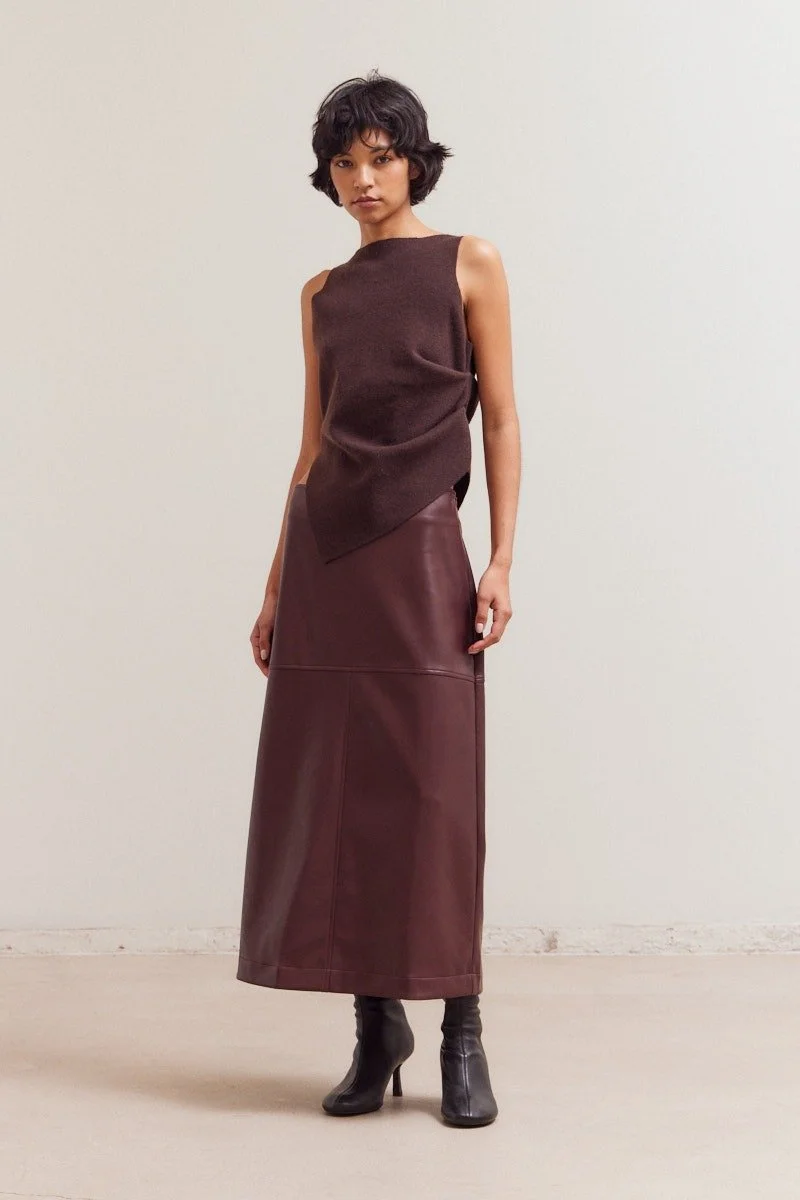 Unbalanced Sleeveless Knit Top Dark Chocolate