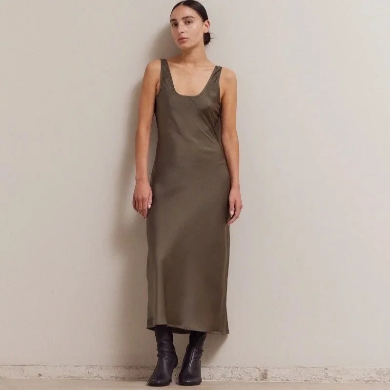 Scoop Neck Satin Maxi Slip Dress Olive