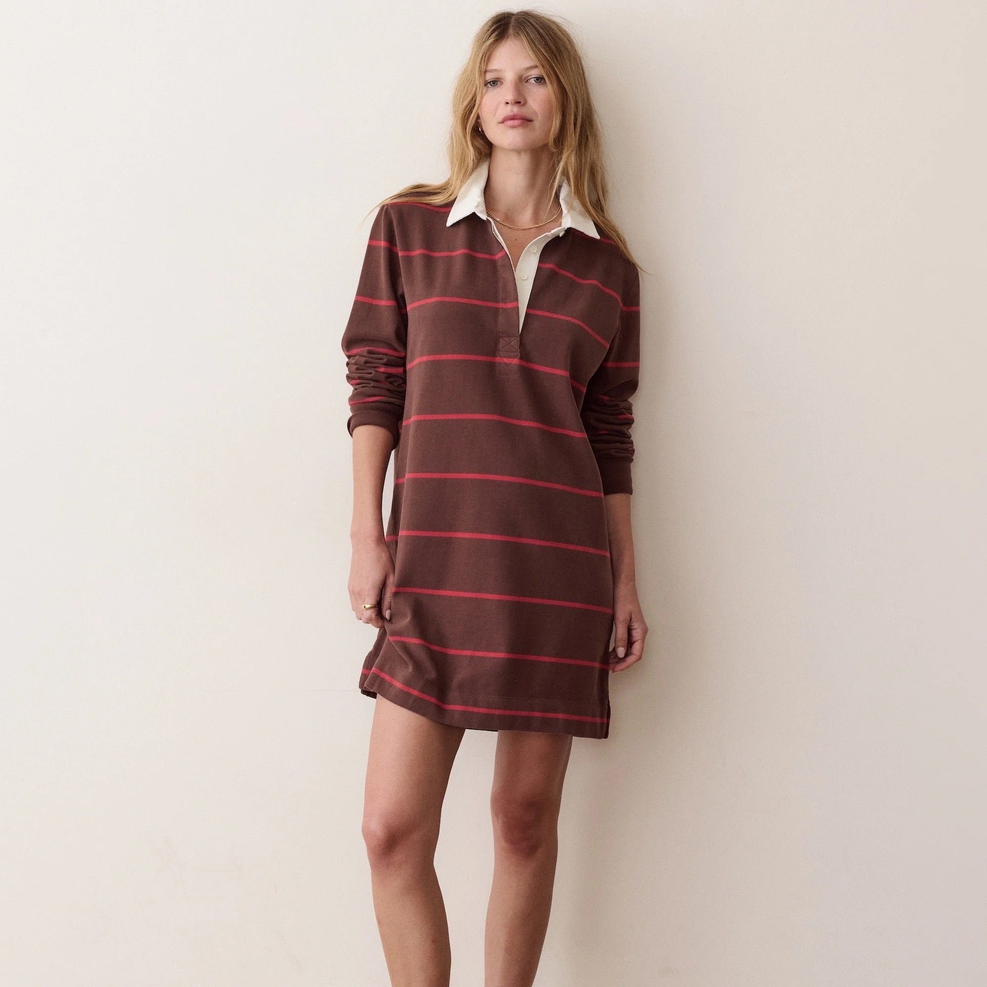 Marine Layer Maggie Rugby Mini Dress Chocolate & Berry Stripe