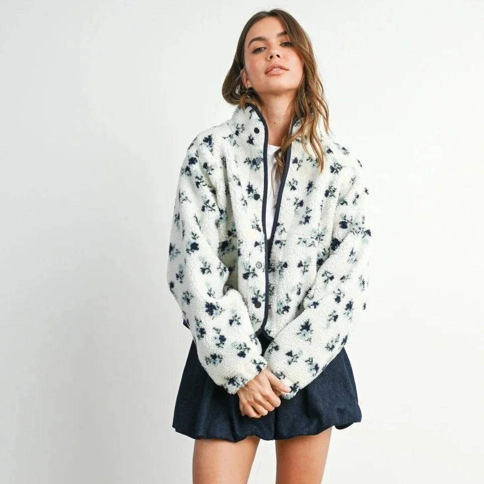 Floral Fleece Snap Button Jacket Ivory & Navy