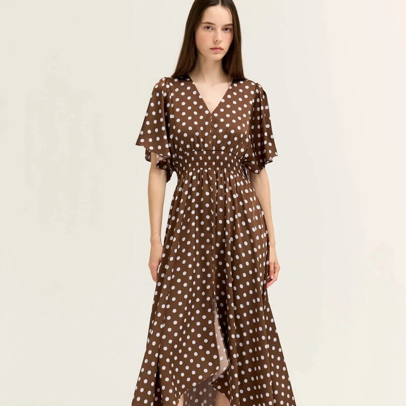V-neck Handkerchief Hem Satin Gown Chocolate & Blue Polka