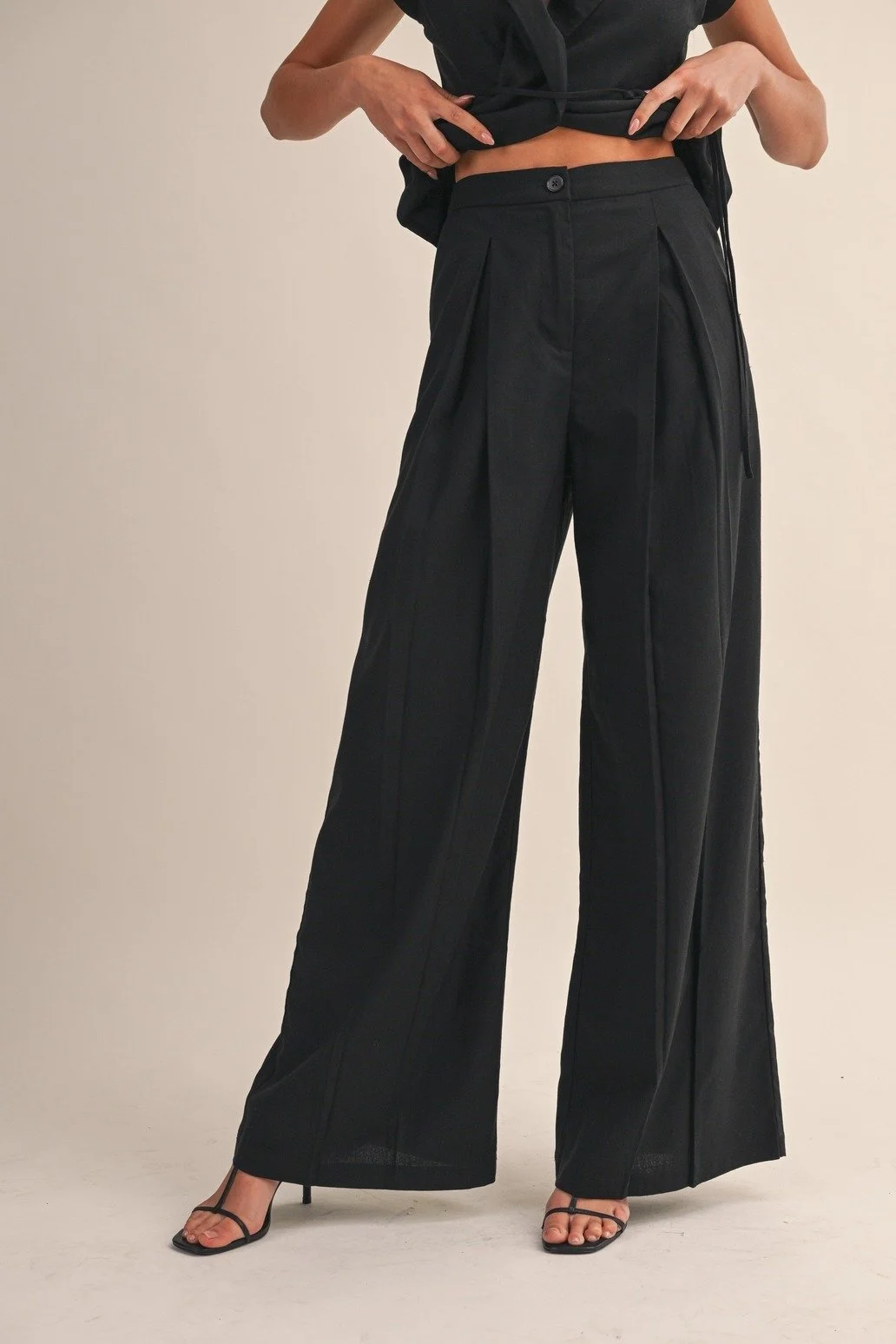 Linen Wrap Top & Pleated Trouser Set Black