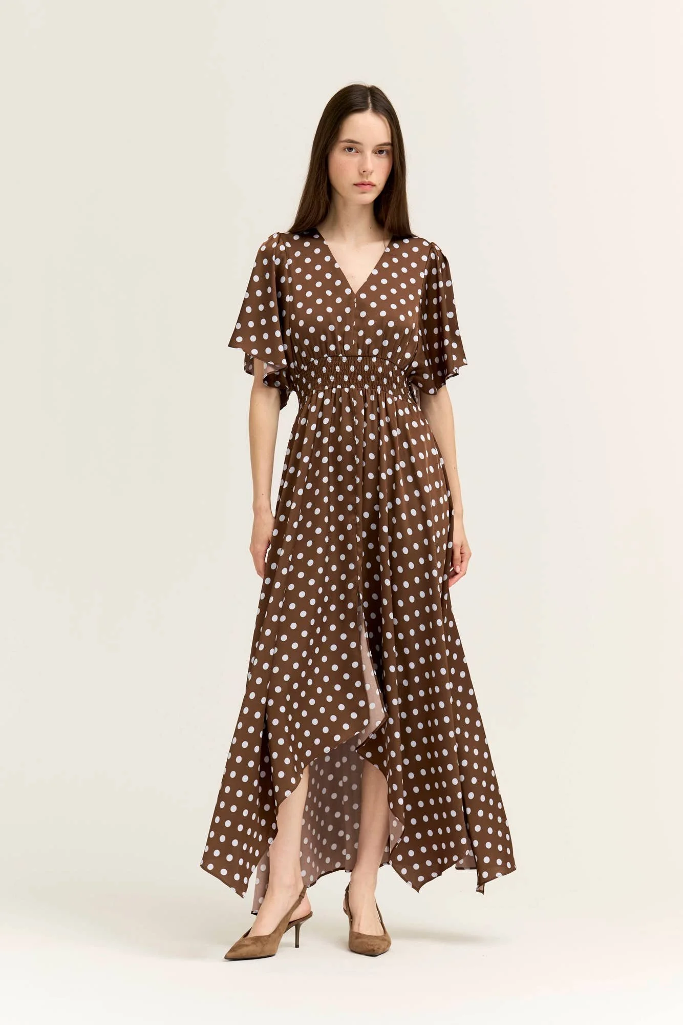 V-neck Handkerchief Hem Satin Gown Chocolate & Blue Polka