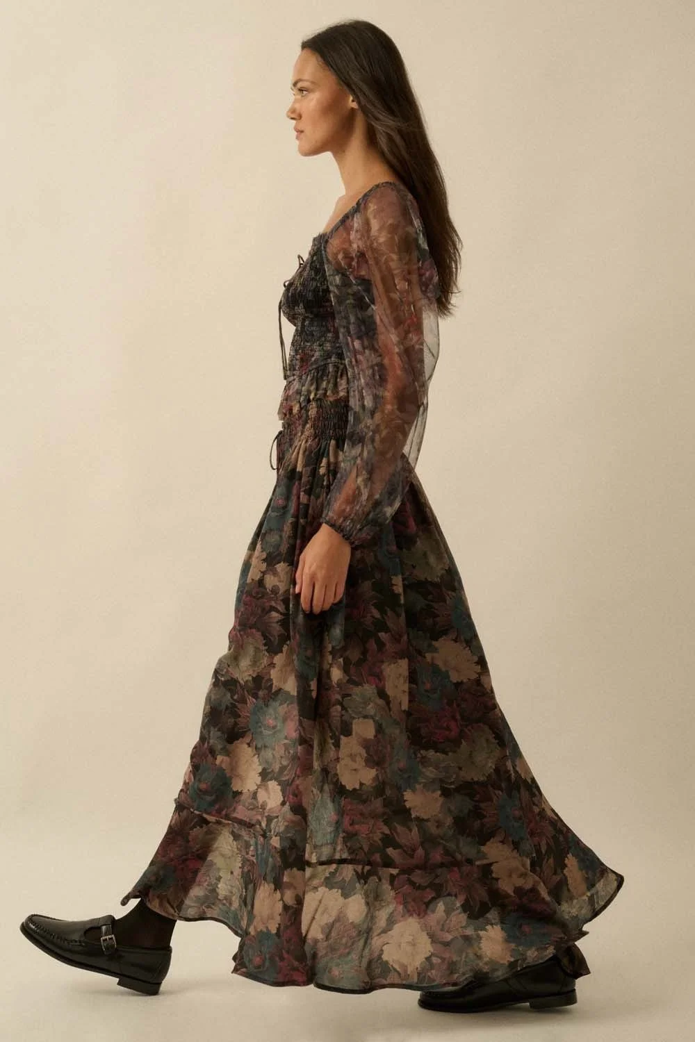 Drawstring Button Maxi Skirt Dark Floral
