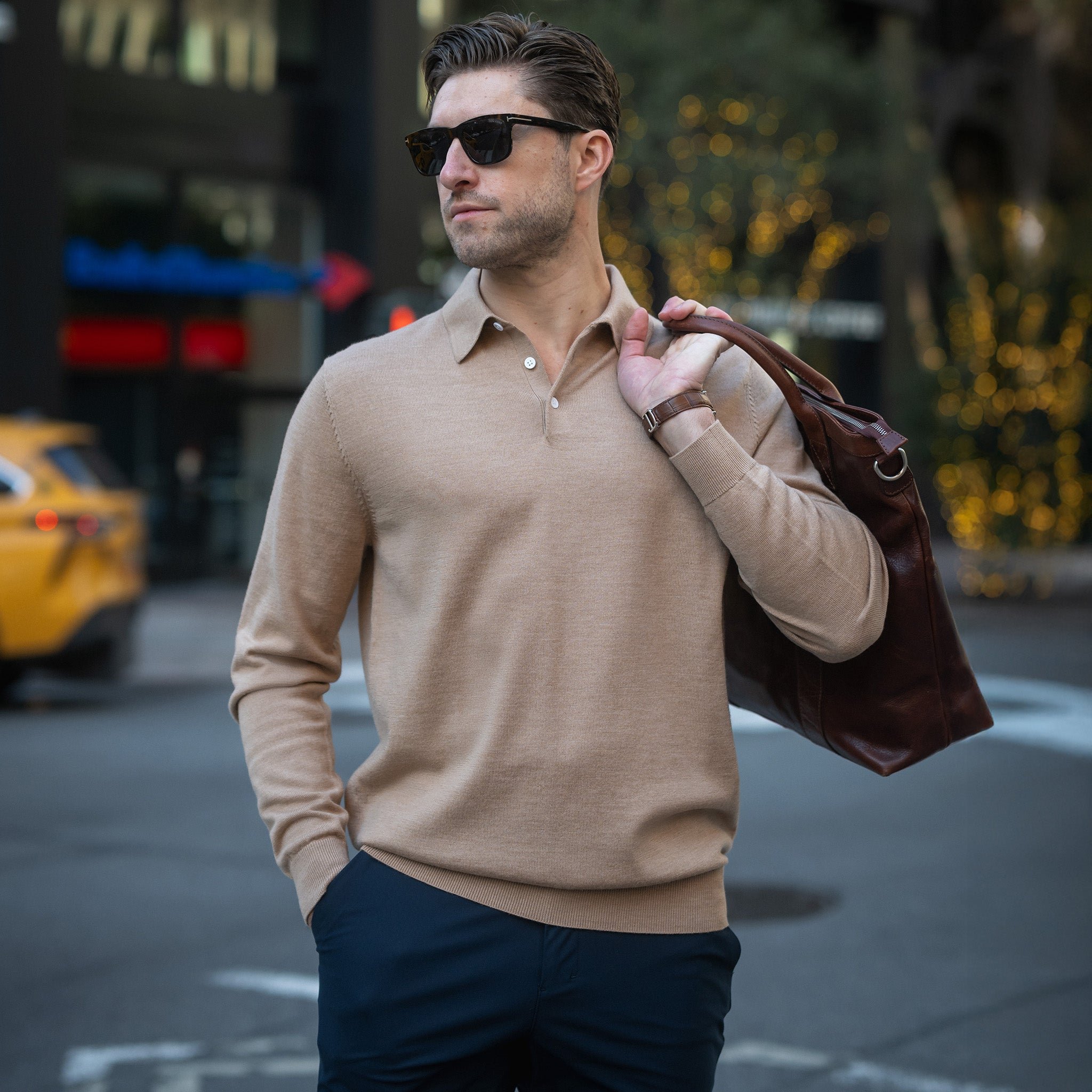 Collars & Co. - Bellagio Three Button Long Sleeve Merino Polo - Camel - 1.jpg