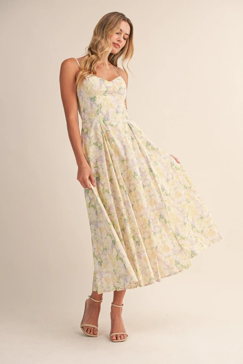 Sweetheart Pleated Midi Sundress Pastel Floral