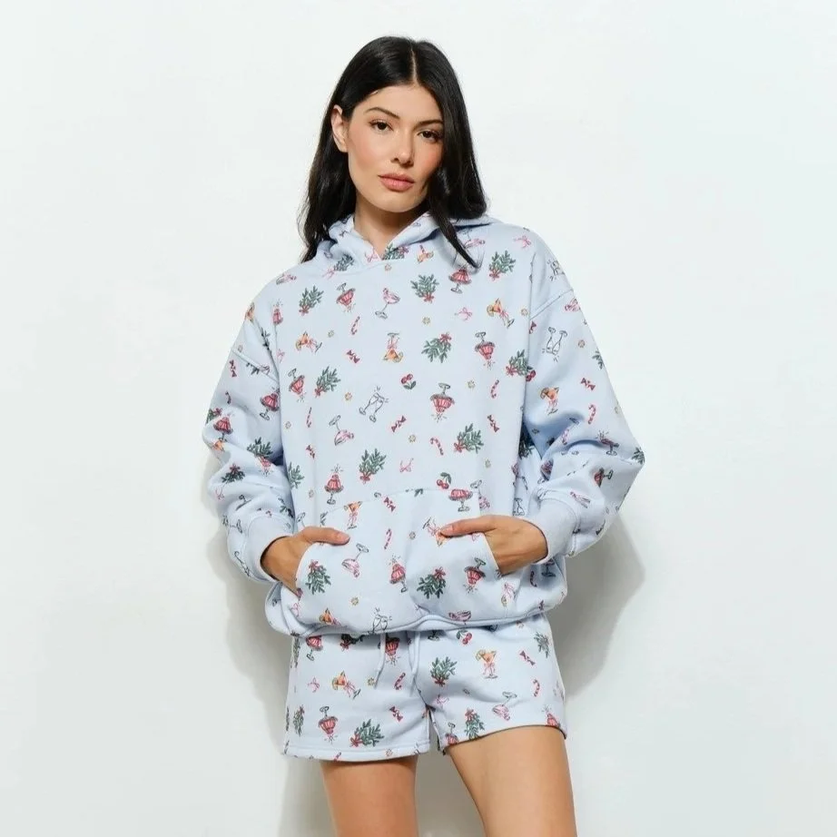 Retro Christmas Print Hoodie Baby Blue