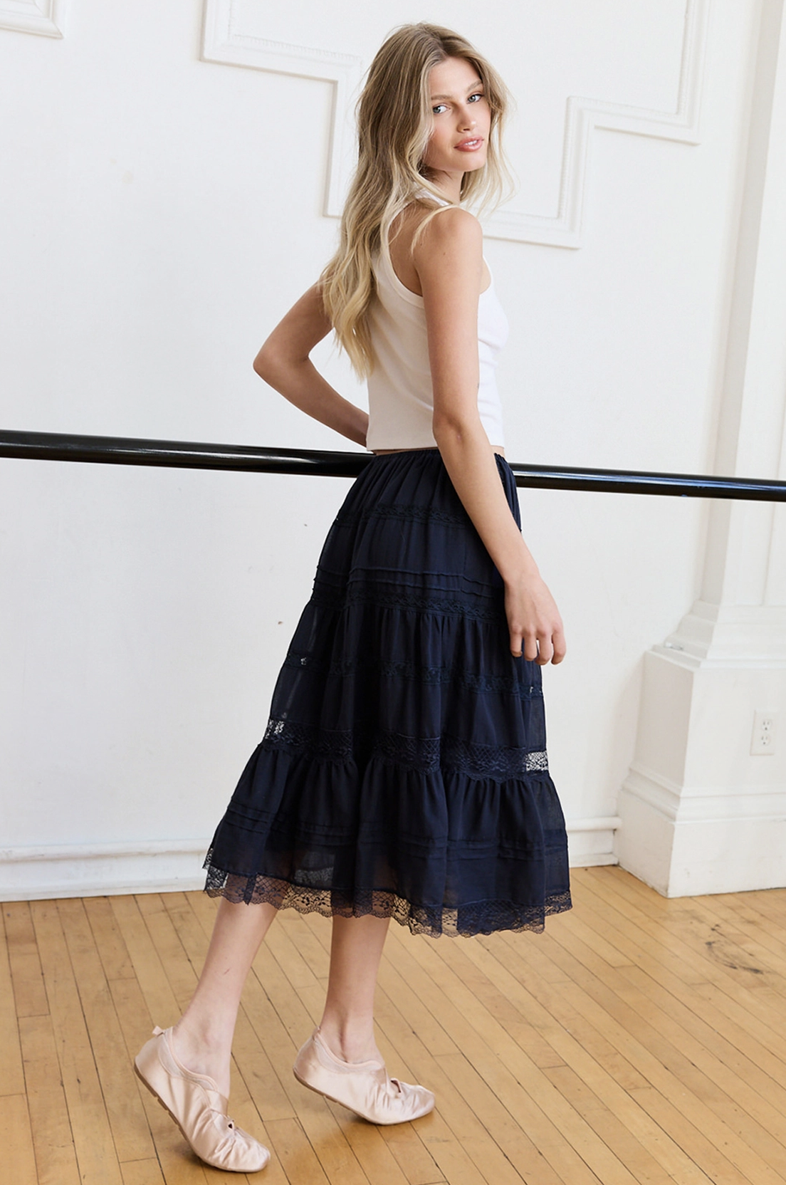 Lace Panel Tiered Midi Skirt Navy