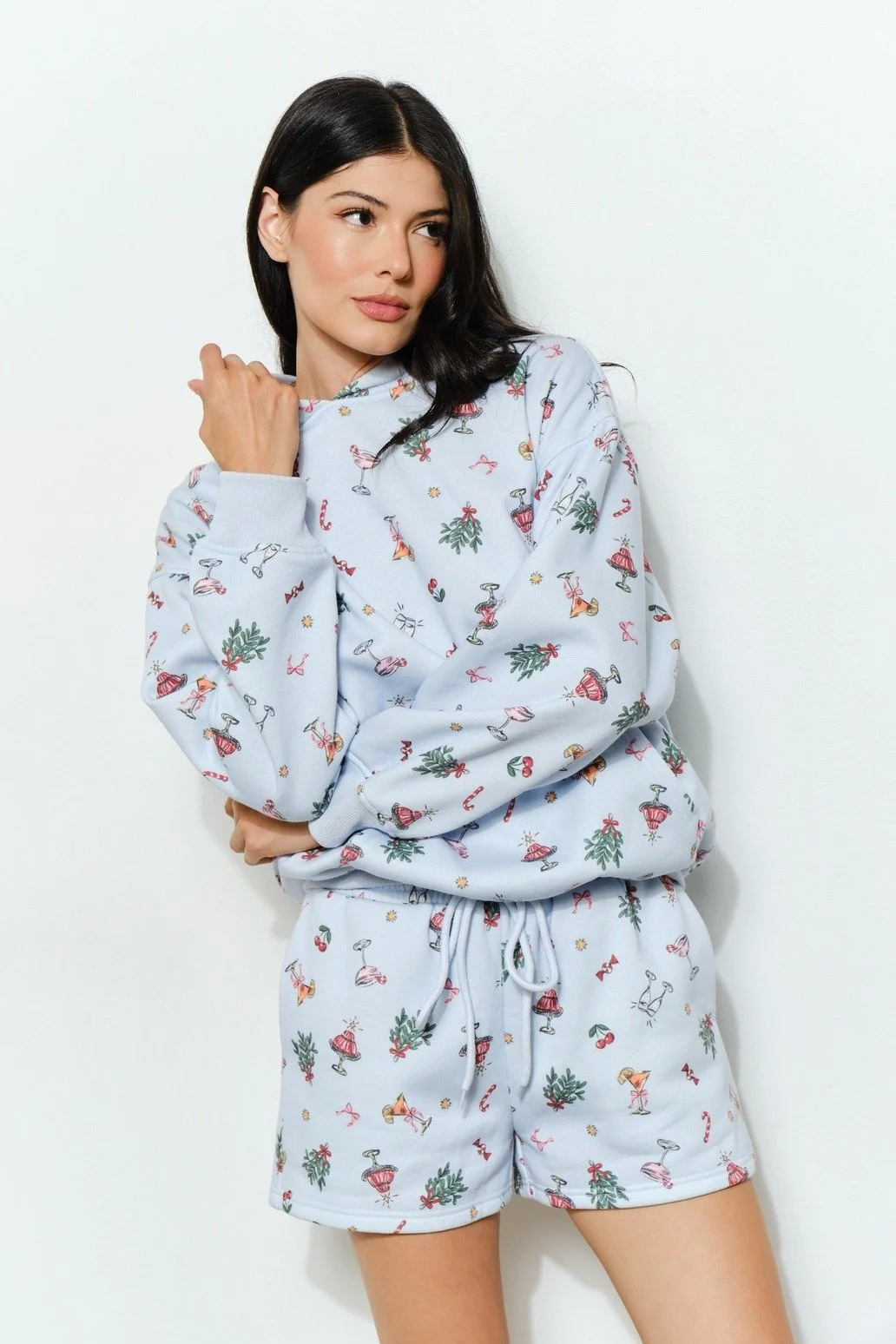 Retro Christmas Print Sweatshorts Baby Blue