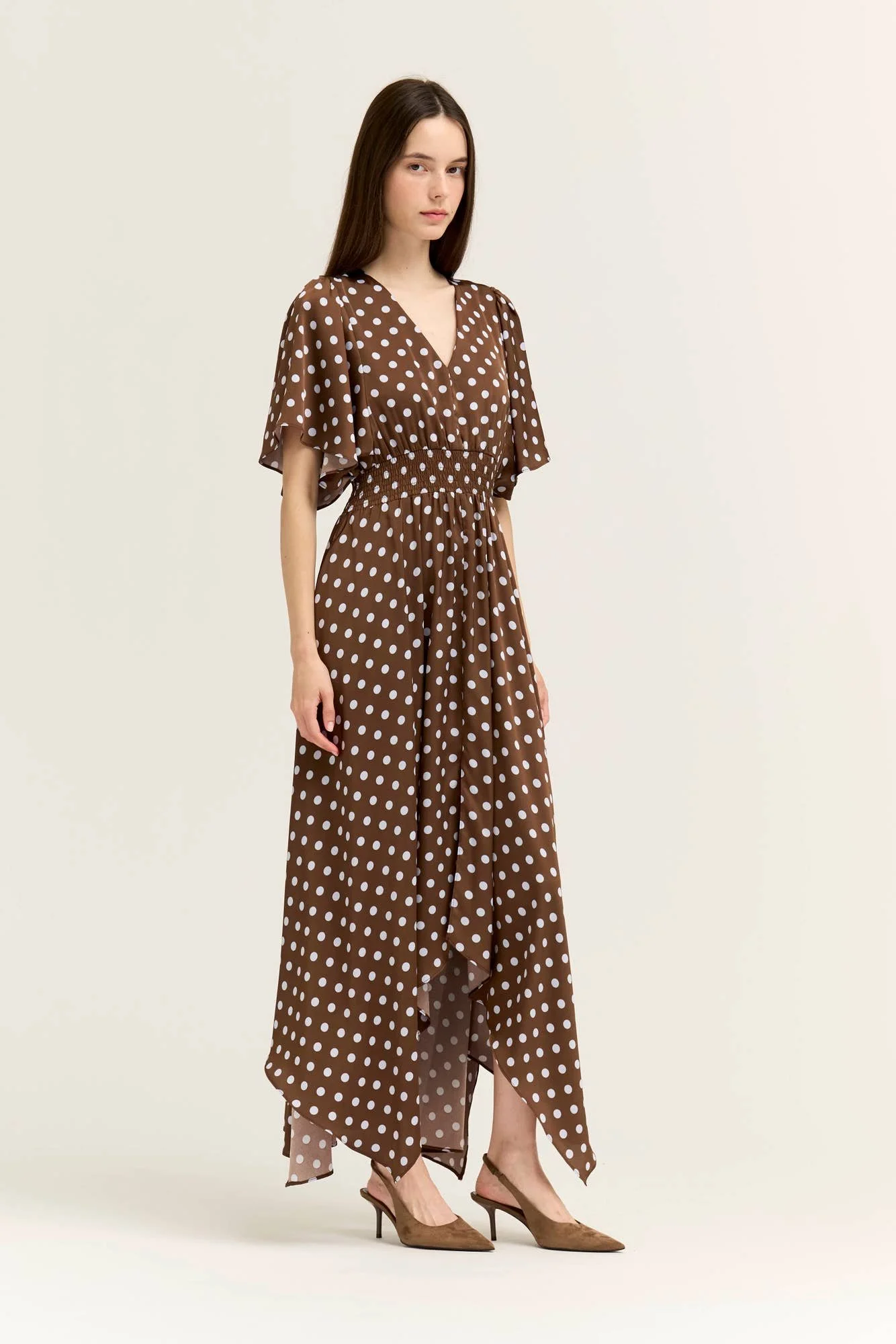 V-neck Handkerchief Hem Satin Gown Chocolate & Blue Polka
