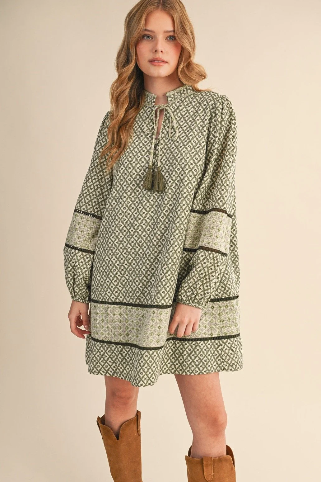 Tie Collar Mini Shift Dress Sage Olive Print