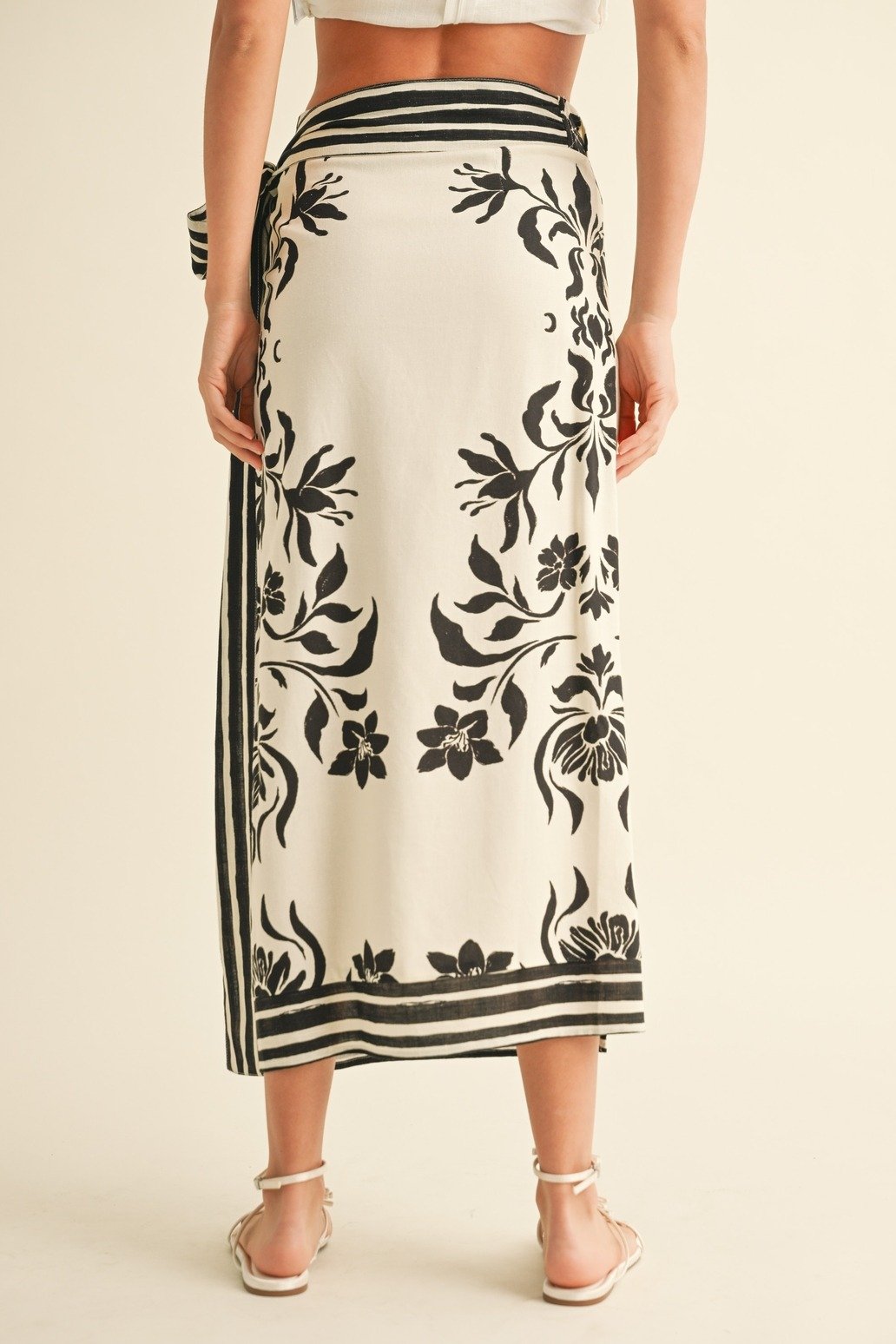 Floral Linen Wrap Skirt Cream & Black