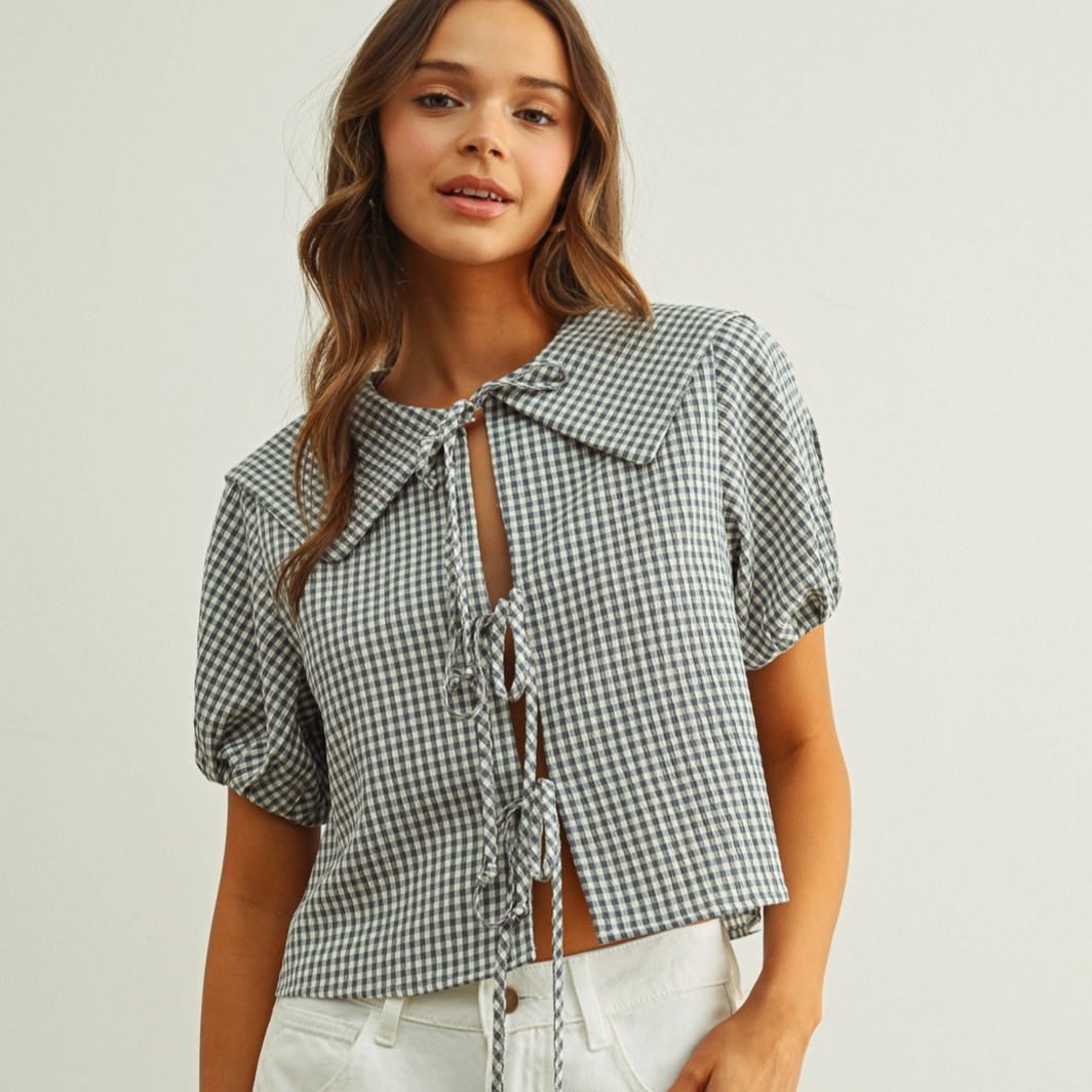 Front Tie Collared Blouse Blue Gingham