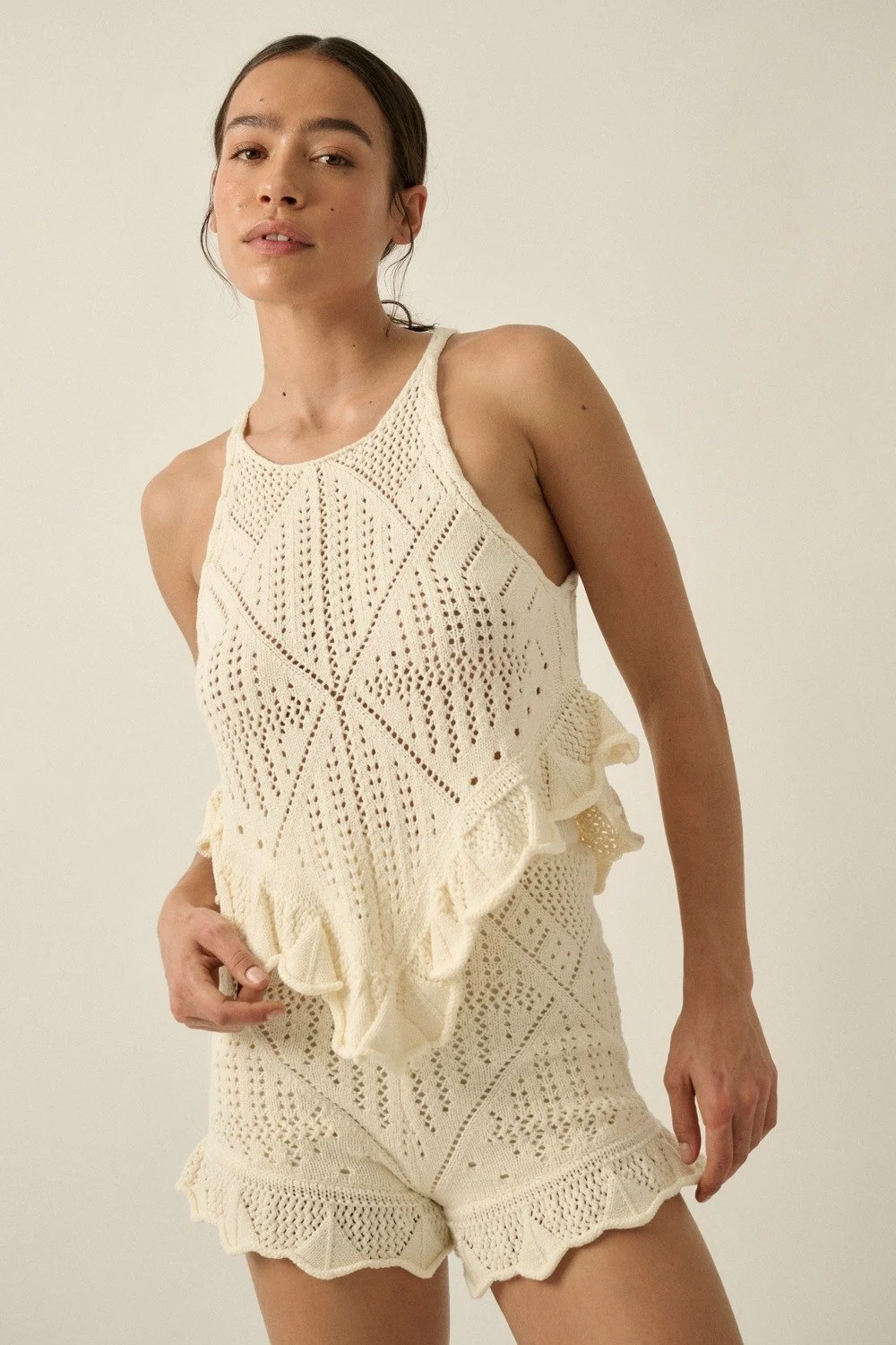 Pointelle Crochet Ruffled Handkerchief Top Cream