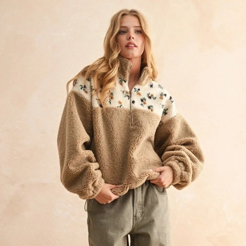 Floral Print Sherpa Half Zip Pullover Camel