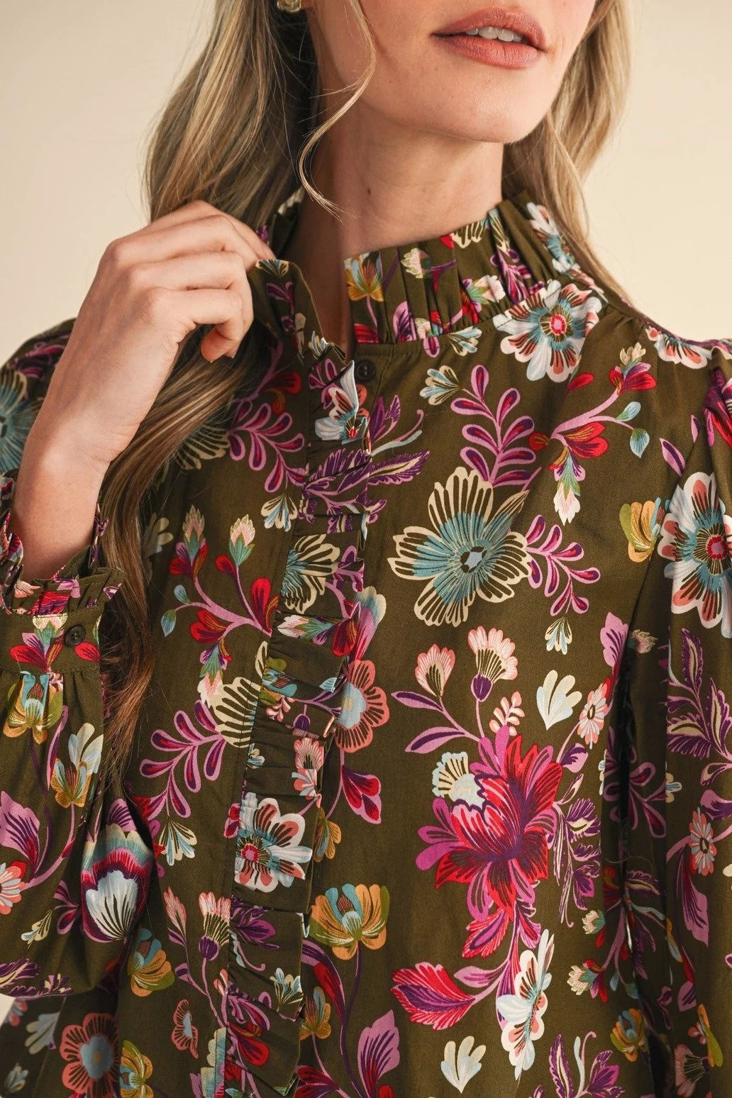 Ruffle Collar Button Blouse Olive Floral