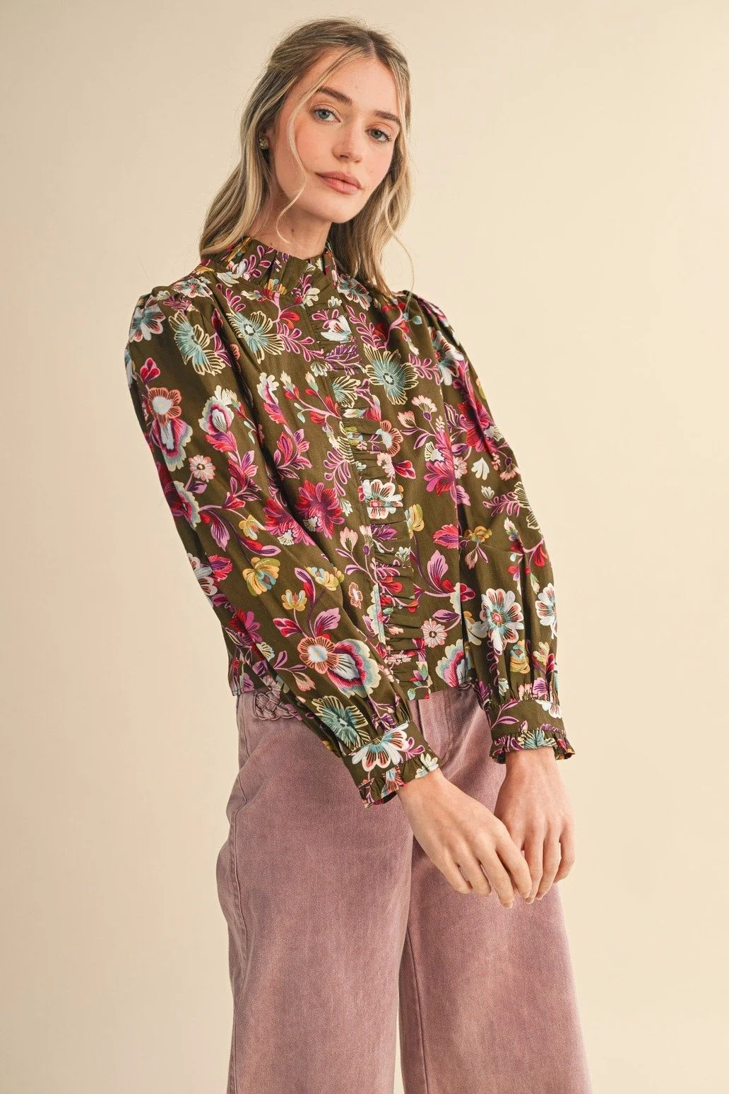 Ruffle Collar Button Blouse Olive Floral