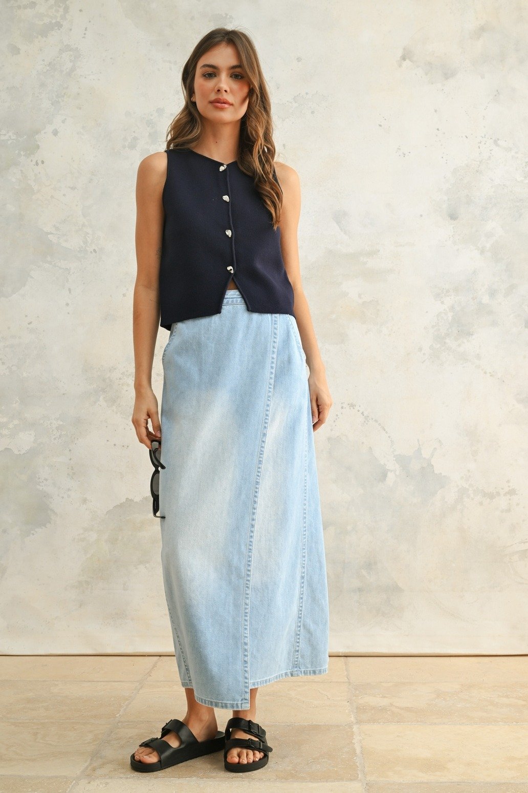 Silver Button Knit Vest Navy